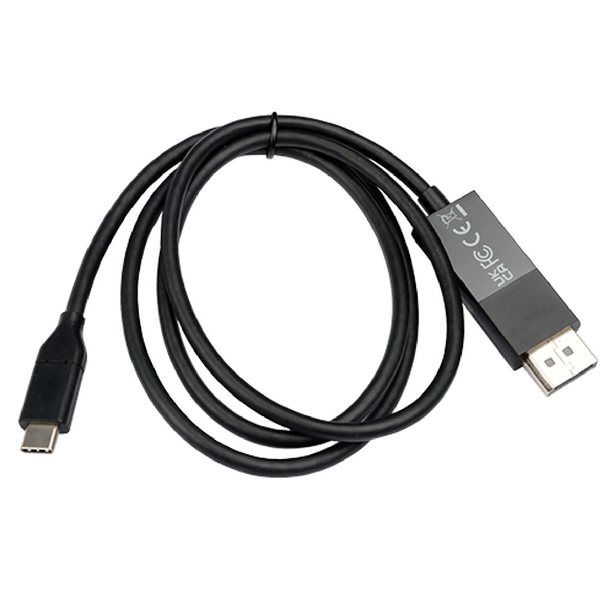 Czarny kabel USB-C do DisplayPort, zwinięty na białej powierzchni.