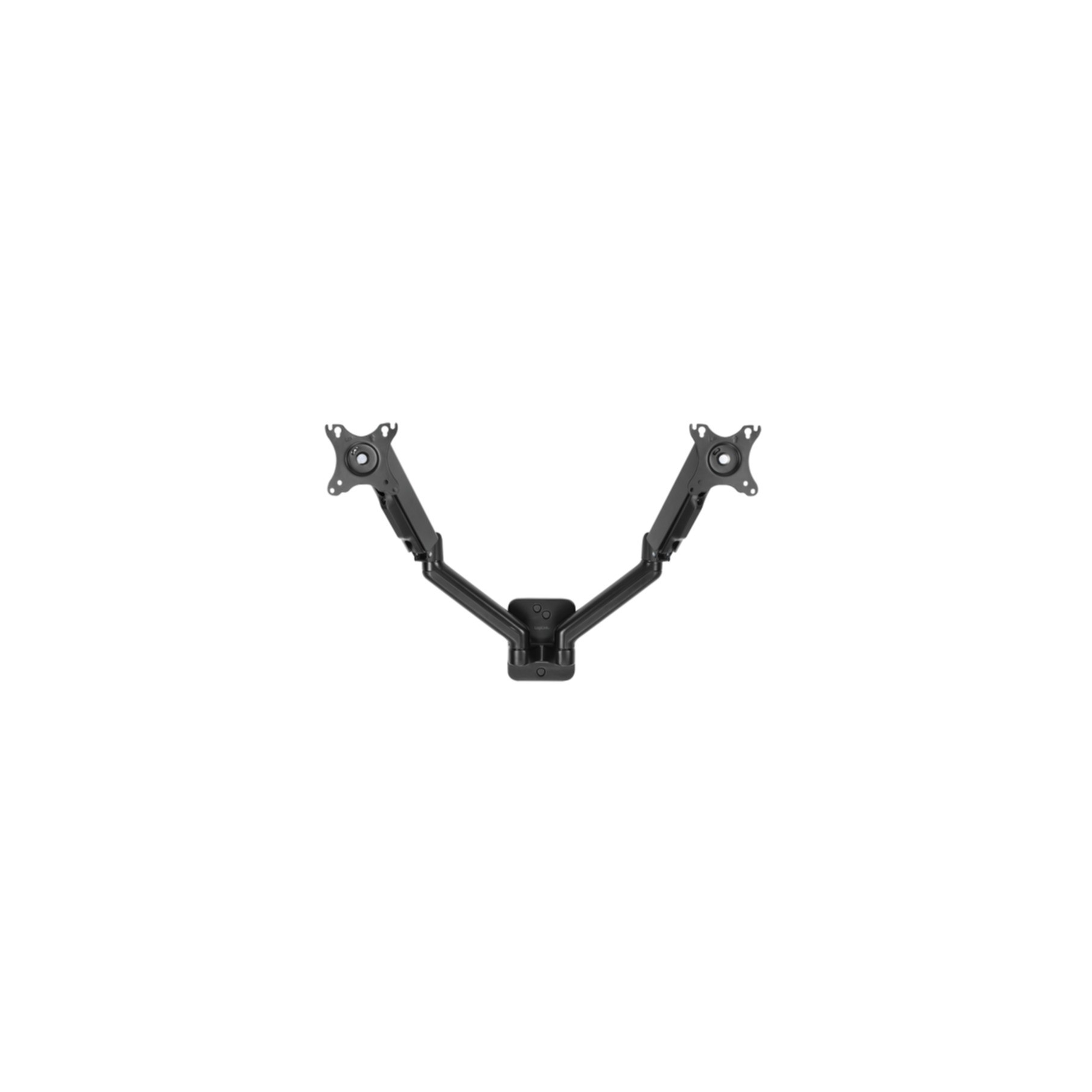 Dual monitor arm, black, on white background.