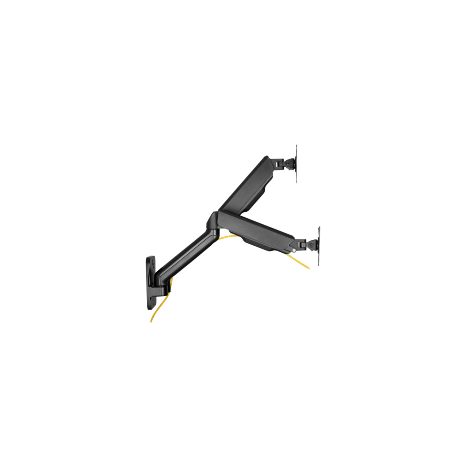 Black monitor arm with yellow cable, mounted on white background.