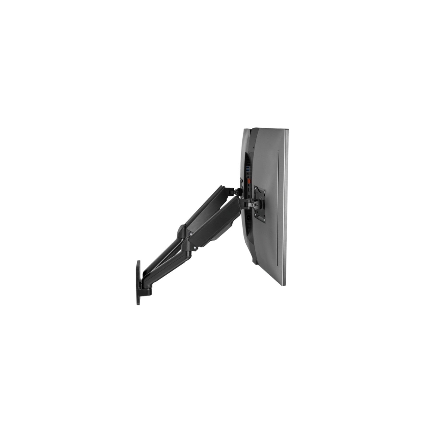 Black monitor arm and a monitor mounted on the wall, white background.