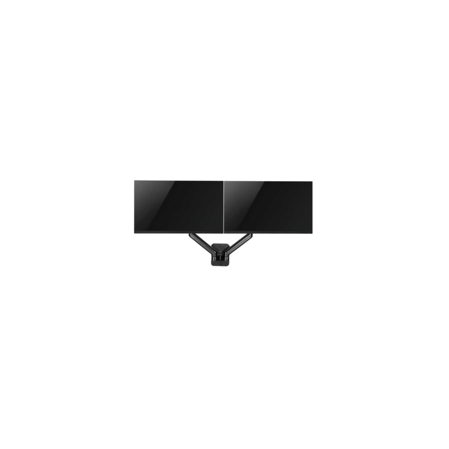 Two monitors mounted on a black dual monitor arm, white background.
