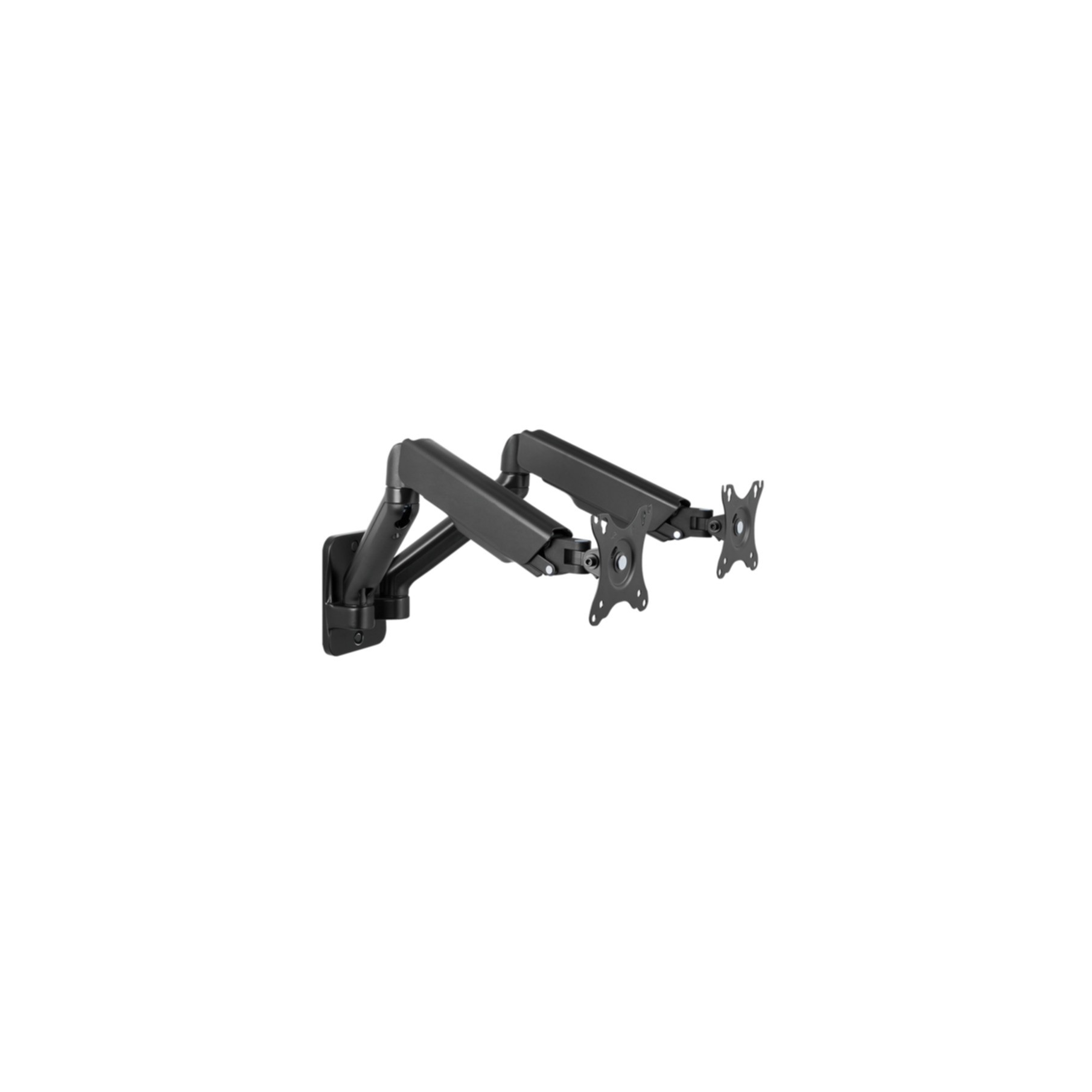 Black dual monitor arm on white background. Includes mounting hardware. Adjustable for height and angle.