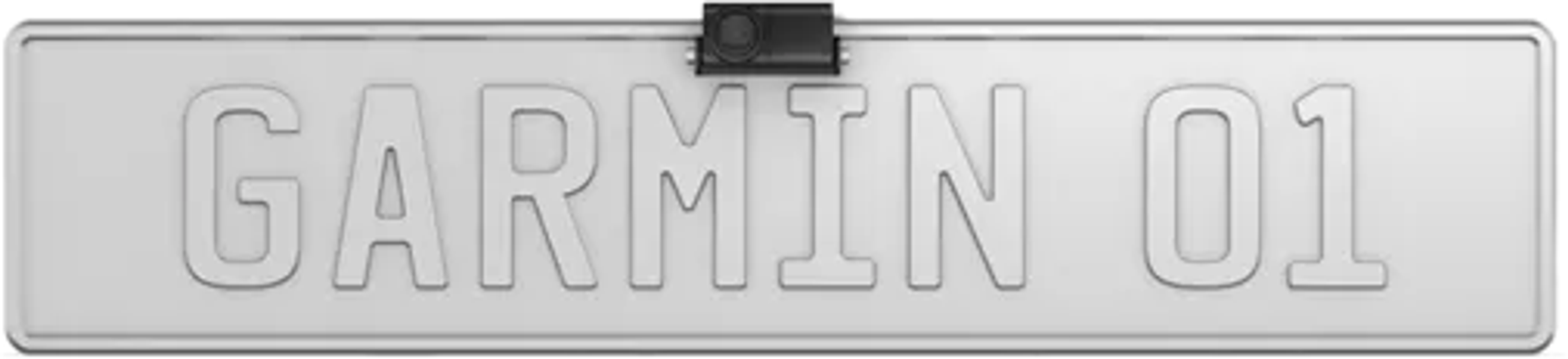 Ein weißes Nummernschild mit dem Wort 'GARMIN 01' und einer schwarzen Kamera oben.