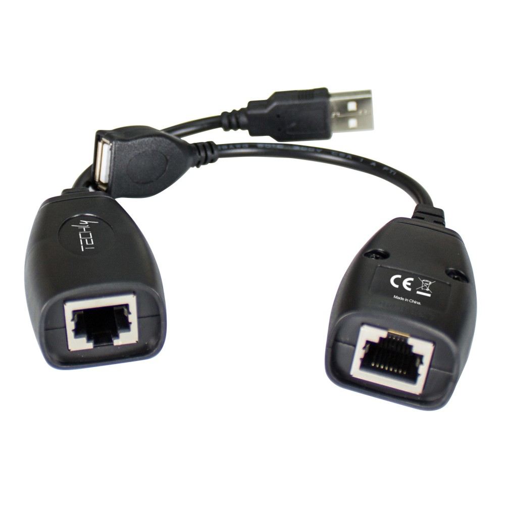 Un adattatore da USB a Ethernet nero con due porte RJ45 e un connettore USB.