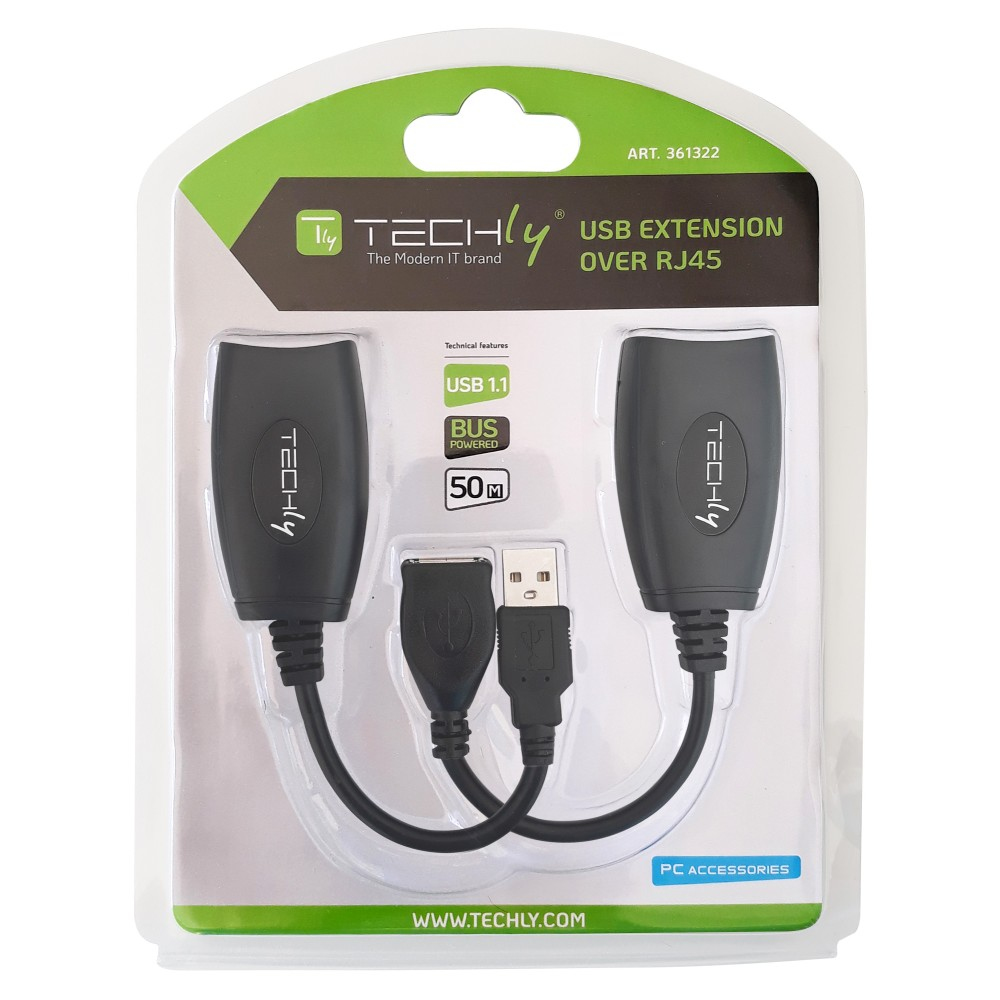Kit cavo Techly USB extension over RJ45. Contiene due connettori neri e un cavo USB.