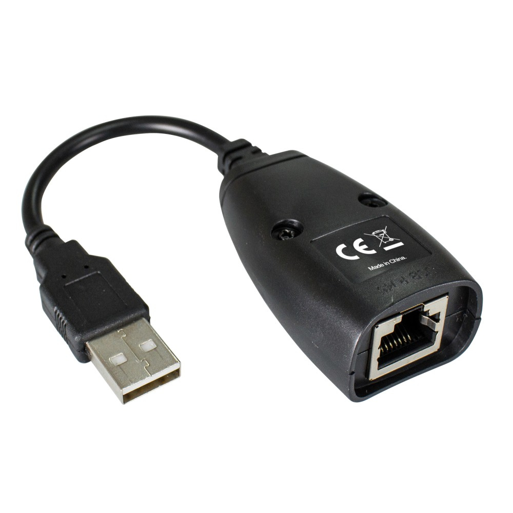 Un adattatore da USB a Ethernet nero con una porta USB e una Ethernet.