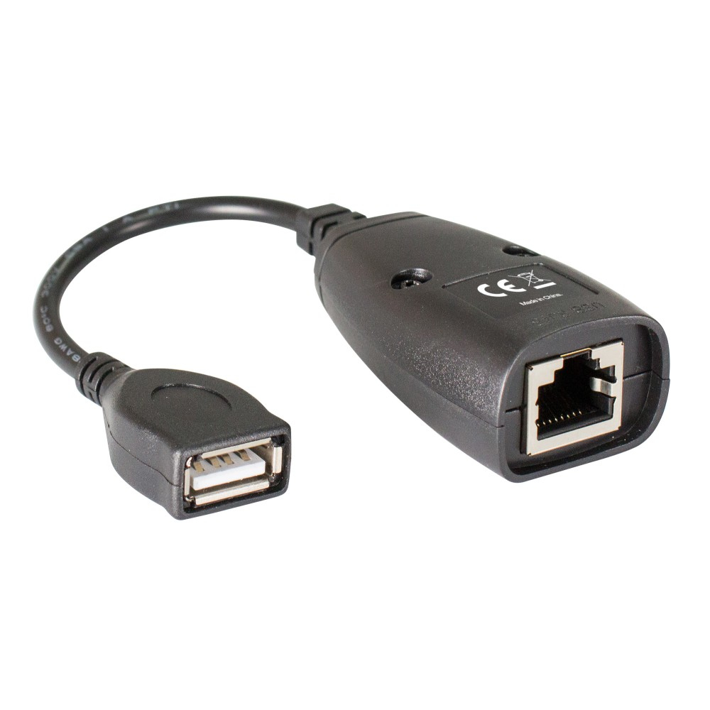 Cavo adattatore nero con connettori USB ed Ethernet. Sfondo bianco.