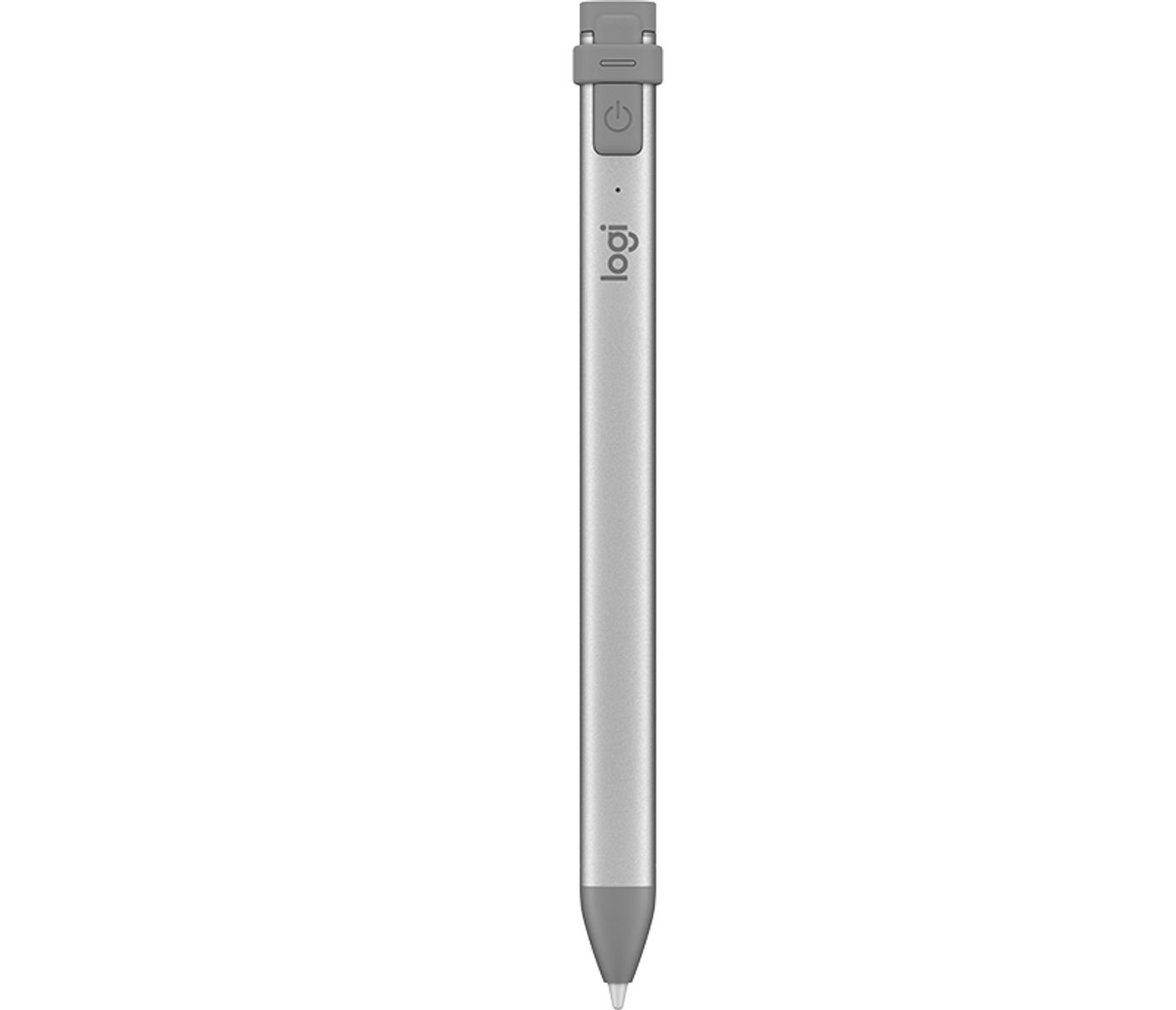 Silberner Eingabestift mit grauer Spitze und grauem Ein-/Aus-Knopf. Wort "logi" auf der Seite.