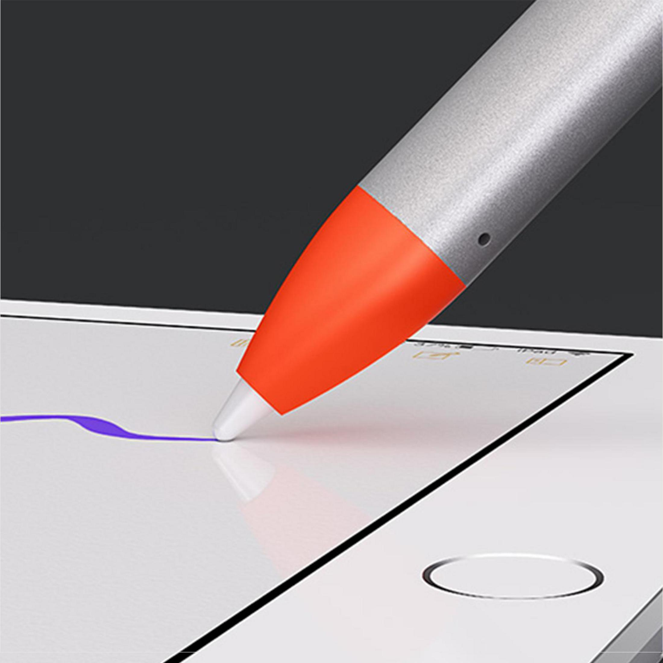 Nahaufnahme der Spitze eines silbernen Eingabestifts, der auf einem Tablet zeichnet. Die Spitze ist orange.