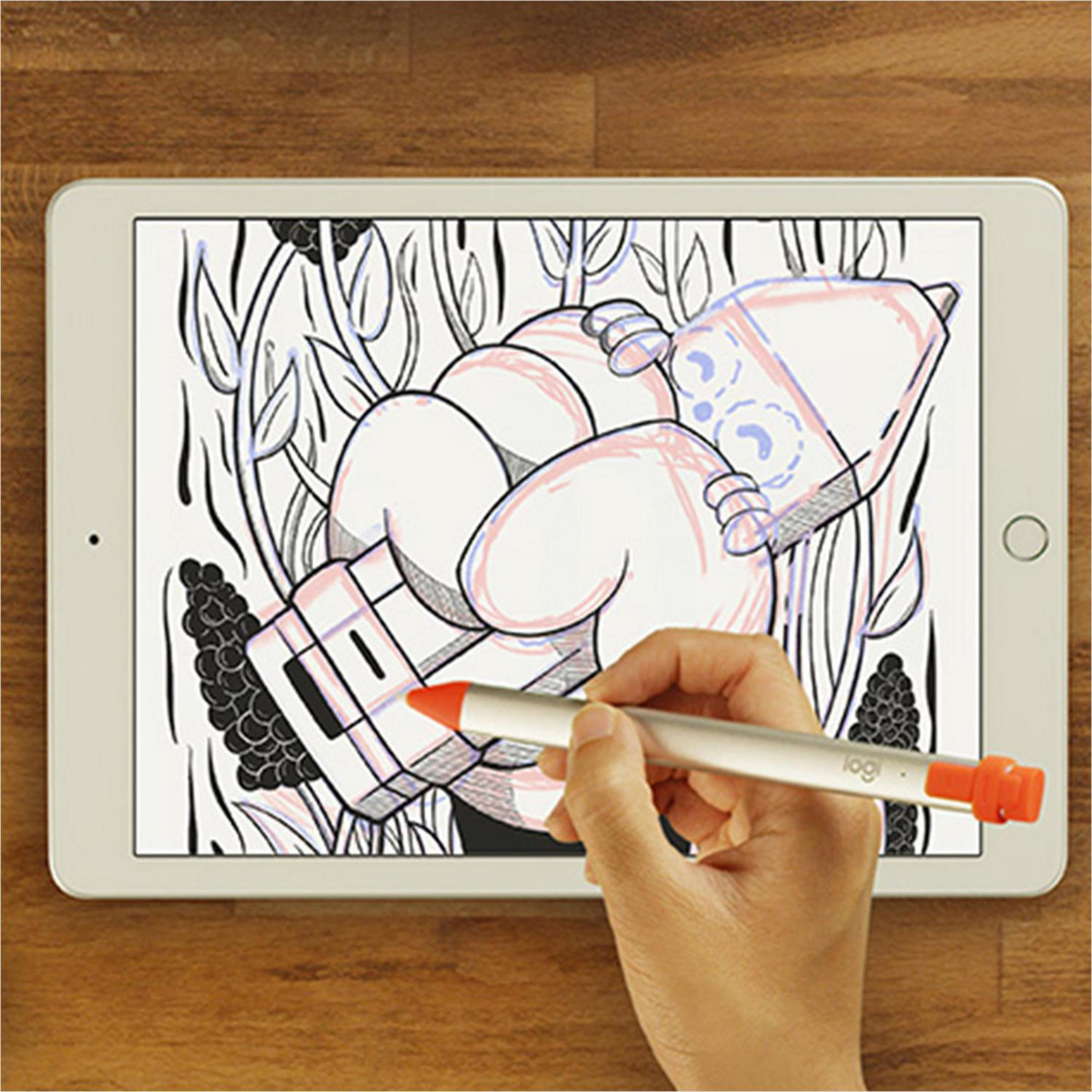 Eine Hand, die einen silbernen Eingabestift hält, zeichnet einen Cartoon auf ein Tablet. Der Stift ist orange.