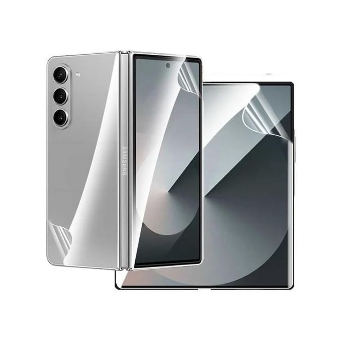 Silbernes faltbares Telefon mit Displayschutzfolien.