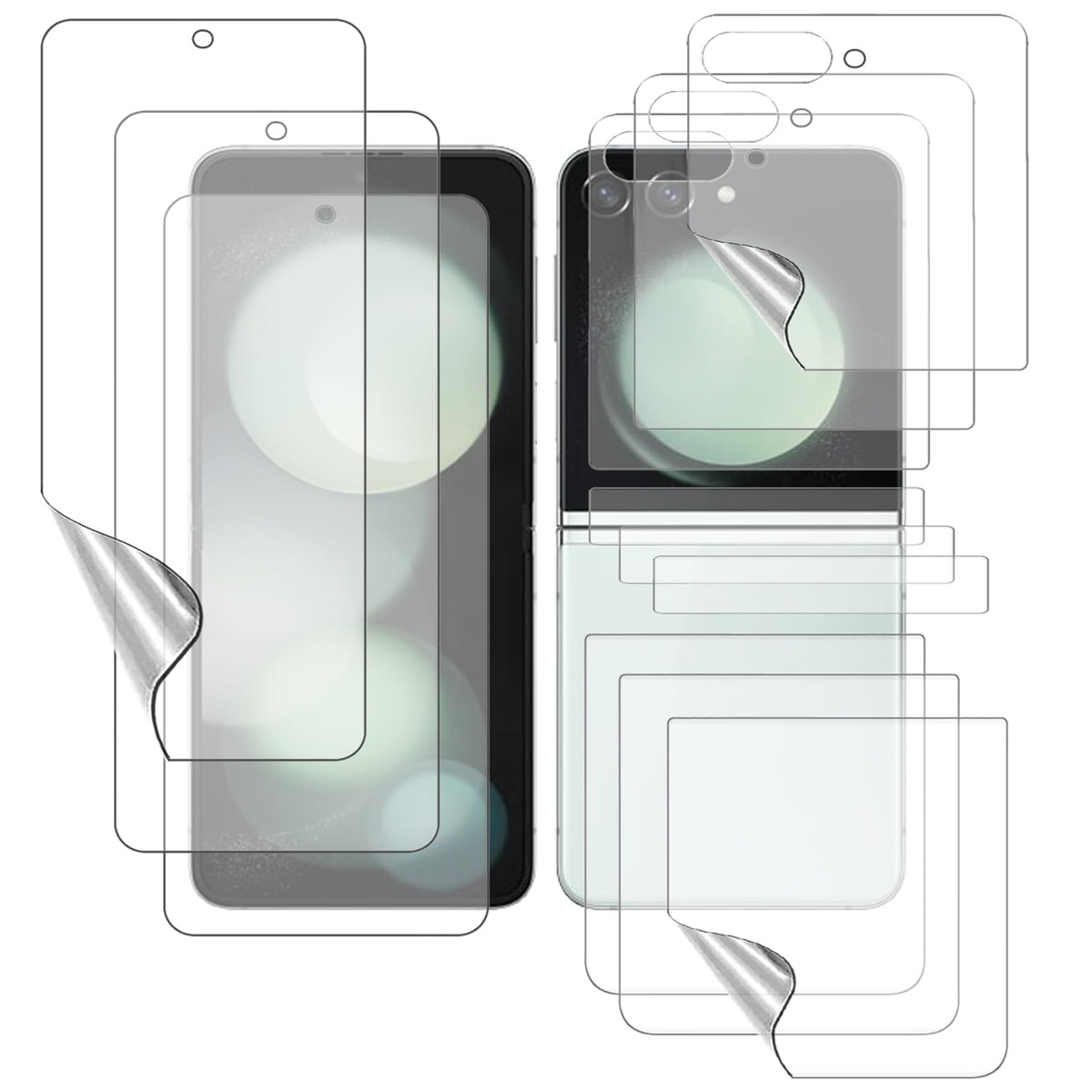 Faltbares Telefon mit Displayschutzfolien und Verpackung. Weißer Hintergrund.