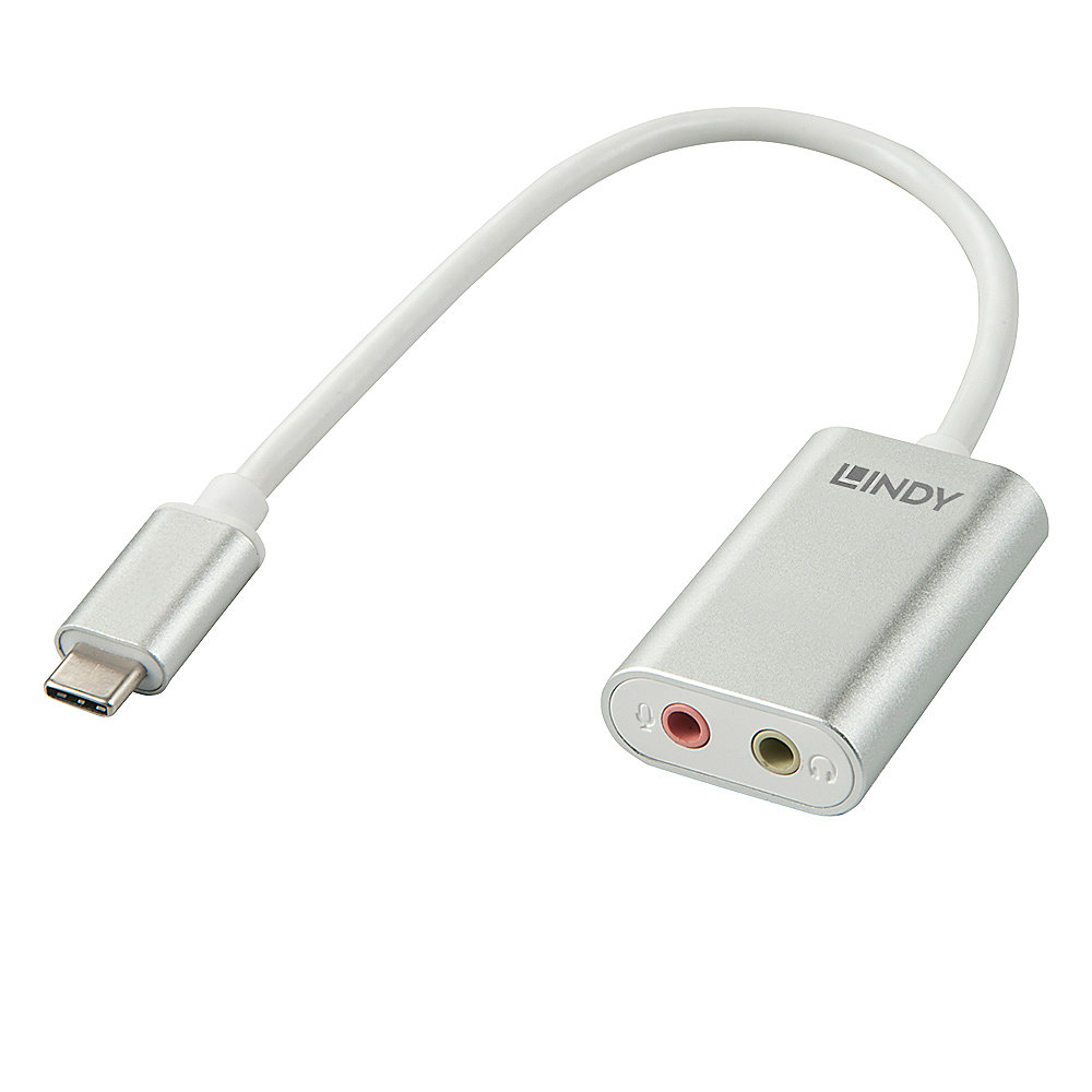 Adattatore LINDY argento con connettore USB-C e due porte di uscita audio.