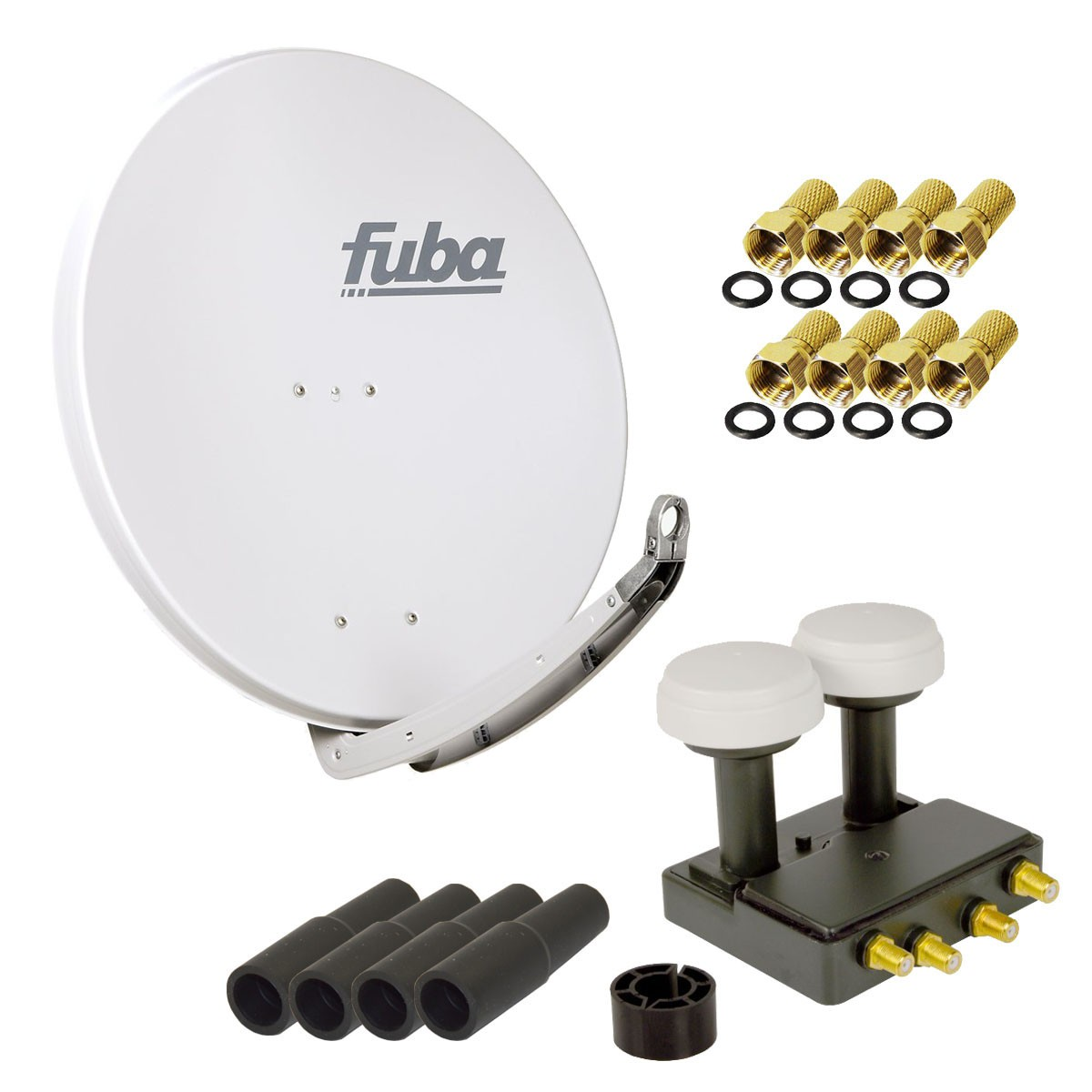 Weißer Satellitenspiegel mit Anschlüssen und Receiver auf weißem Hintergrund.