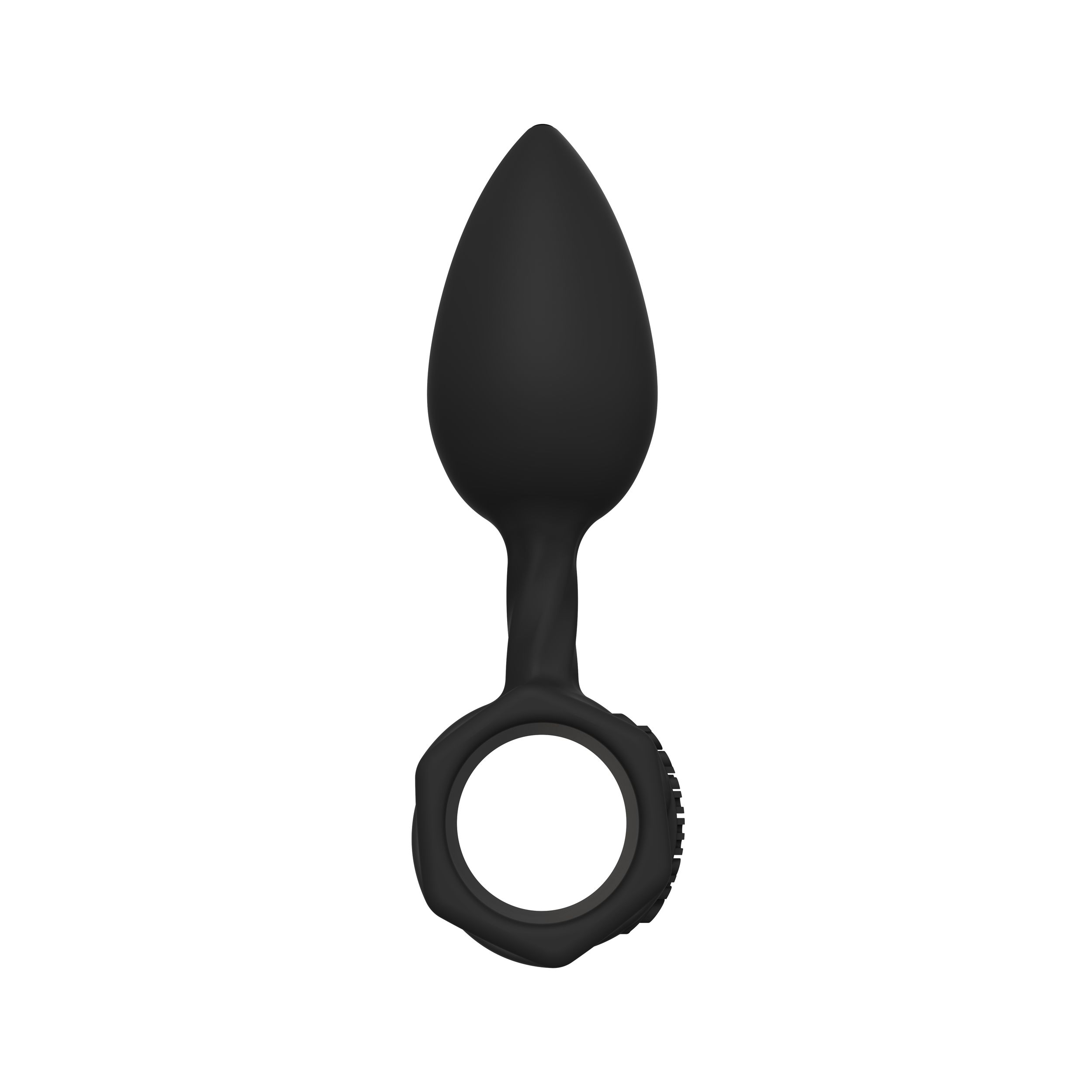 Schwarzer Anus-Plug mit Tropfenform und Ring zur einfachen Entfernung. Das Produkt ist auf weißem Hintergrund.