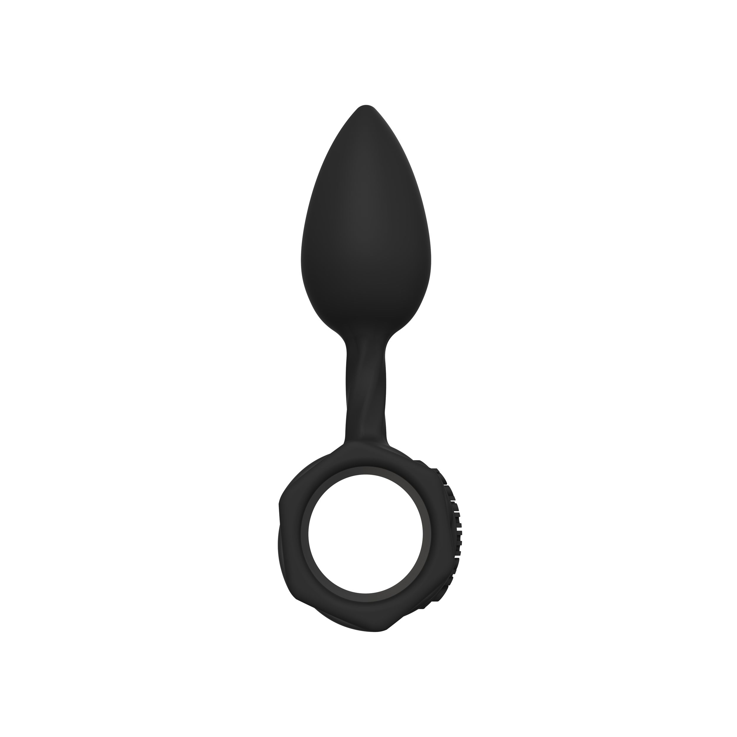 Ein schwarzes Analtampon-Spielzeug. Es ist tropfenförmig mit einem Ringfuß. Weißer Hintergrund.