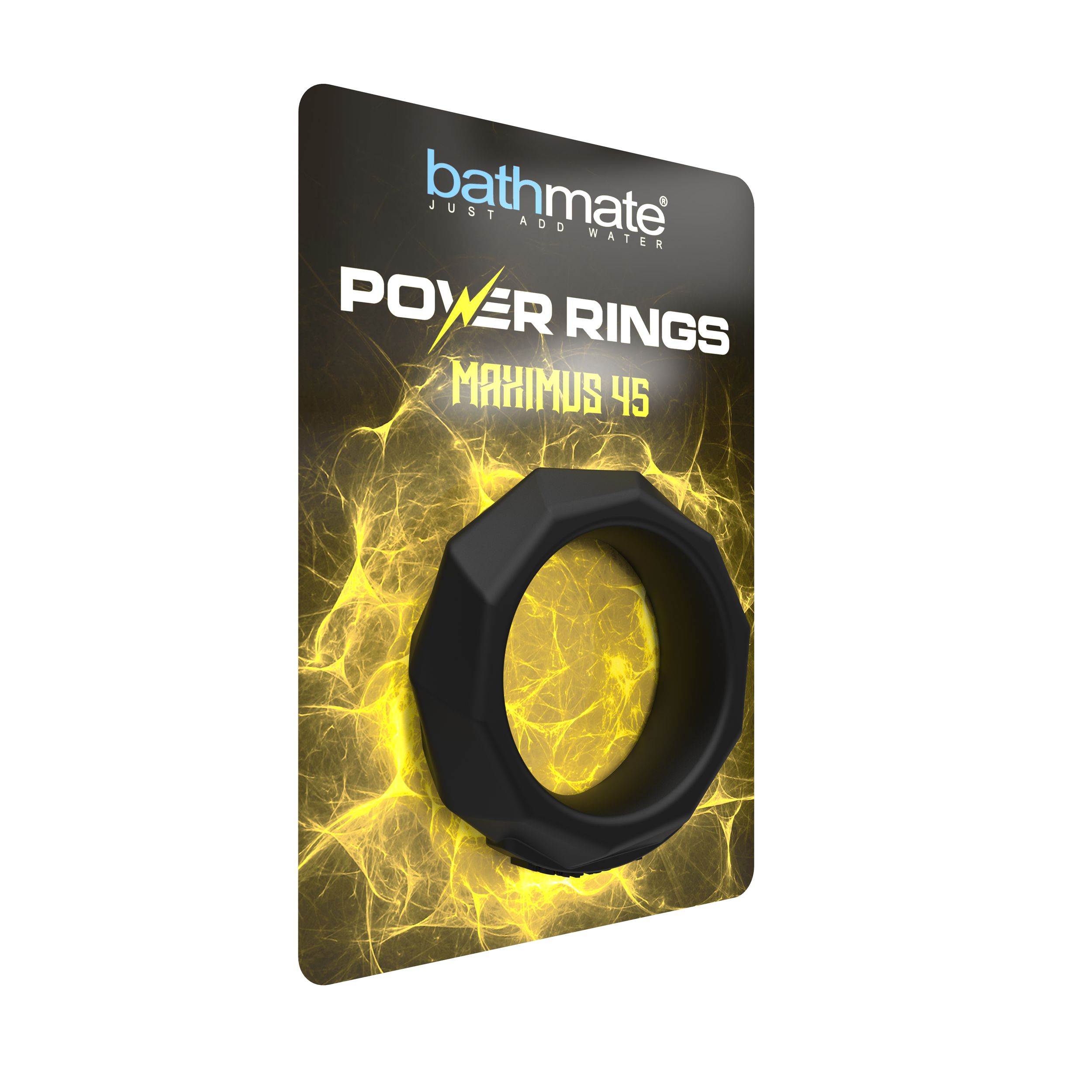 Schwarzer Power-Ring auf gelbem Hintergrund mit Markenlogo.