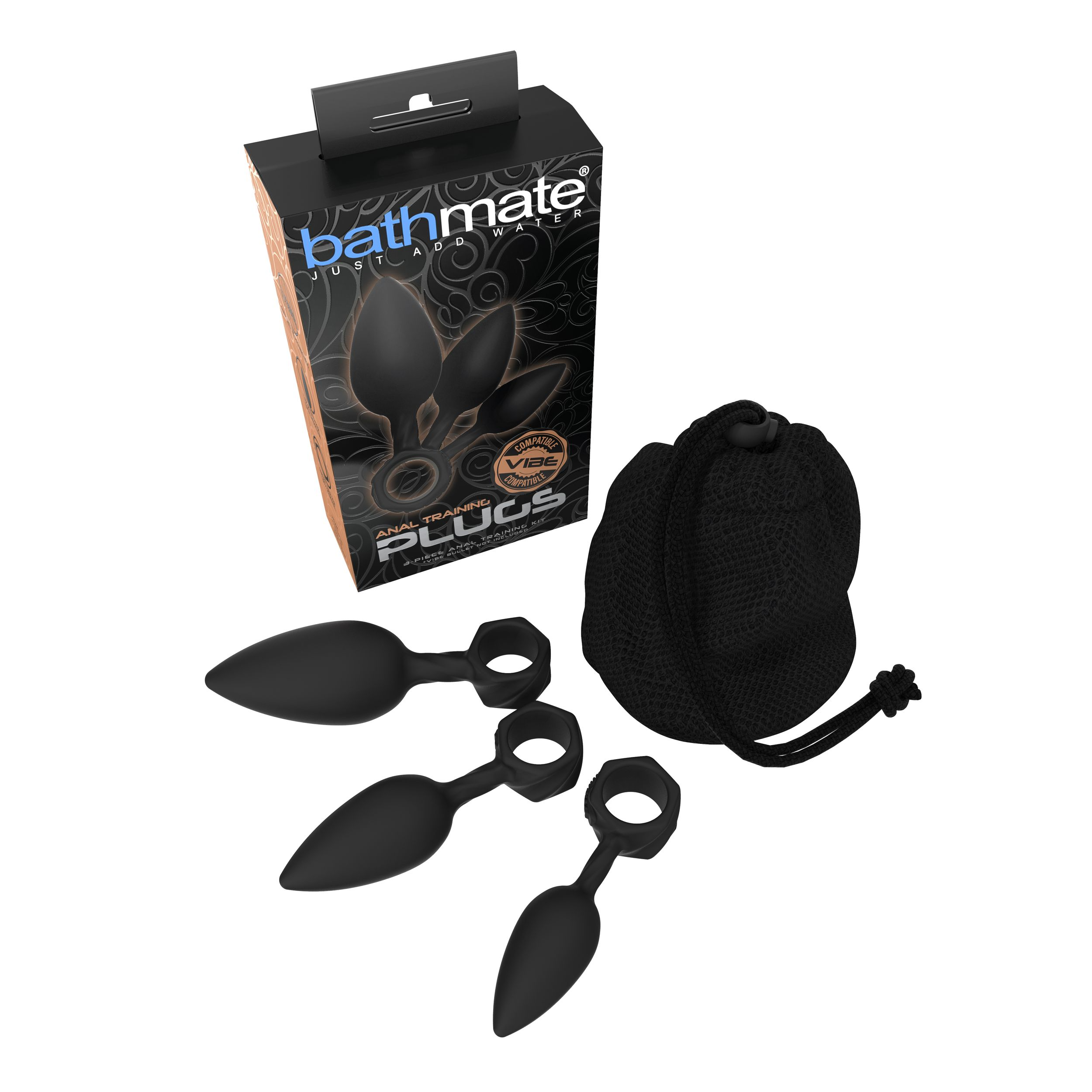 Eine schwarze Schachtel mit Bathmate Anal-Trainings-Plug. Drei Plugs und eine schwarze Tasche sind ausgestellt.
