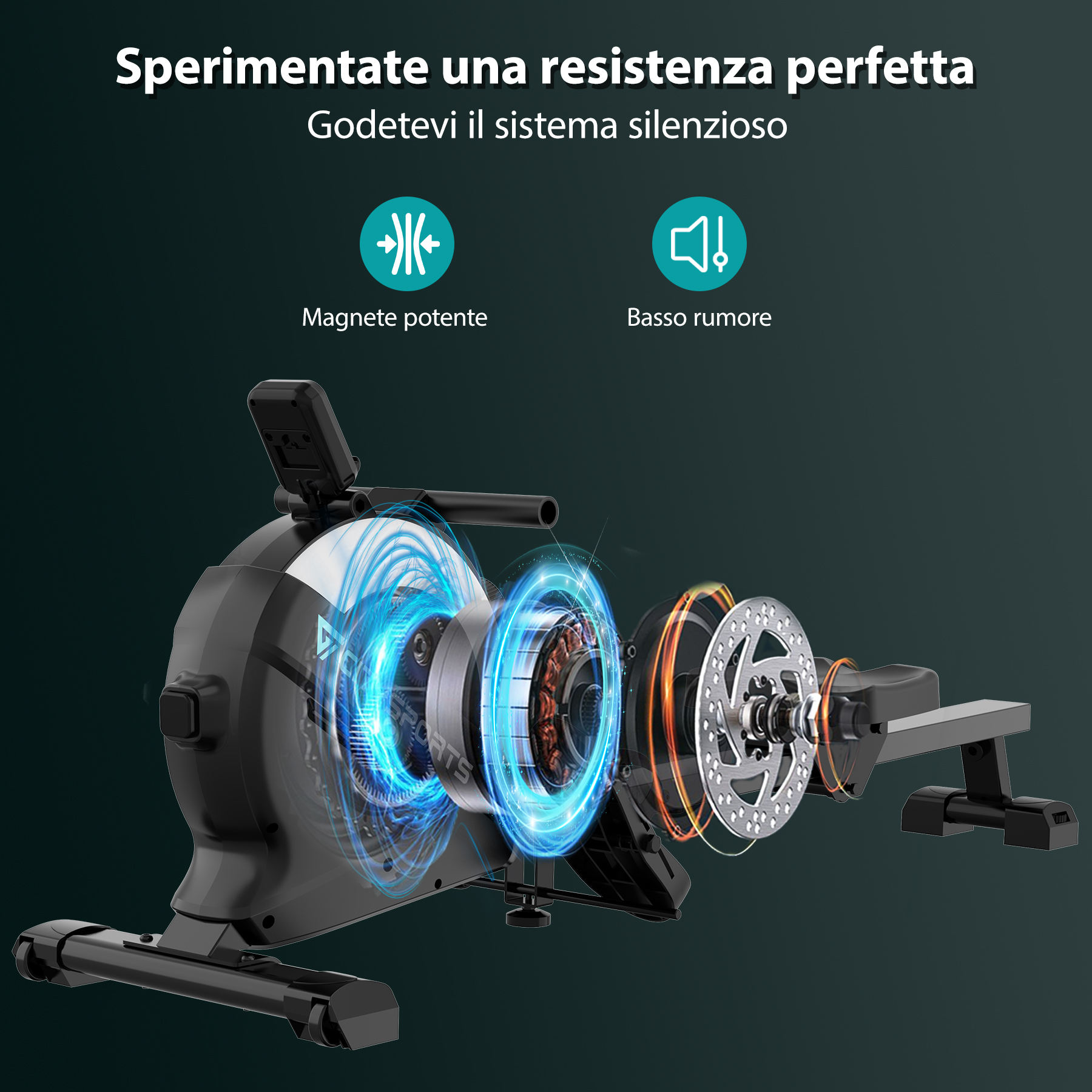 Rematore con vista esplosa. Testo: Magnete potente, basso rumore. Design circolare blu.