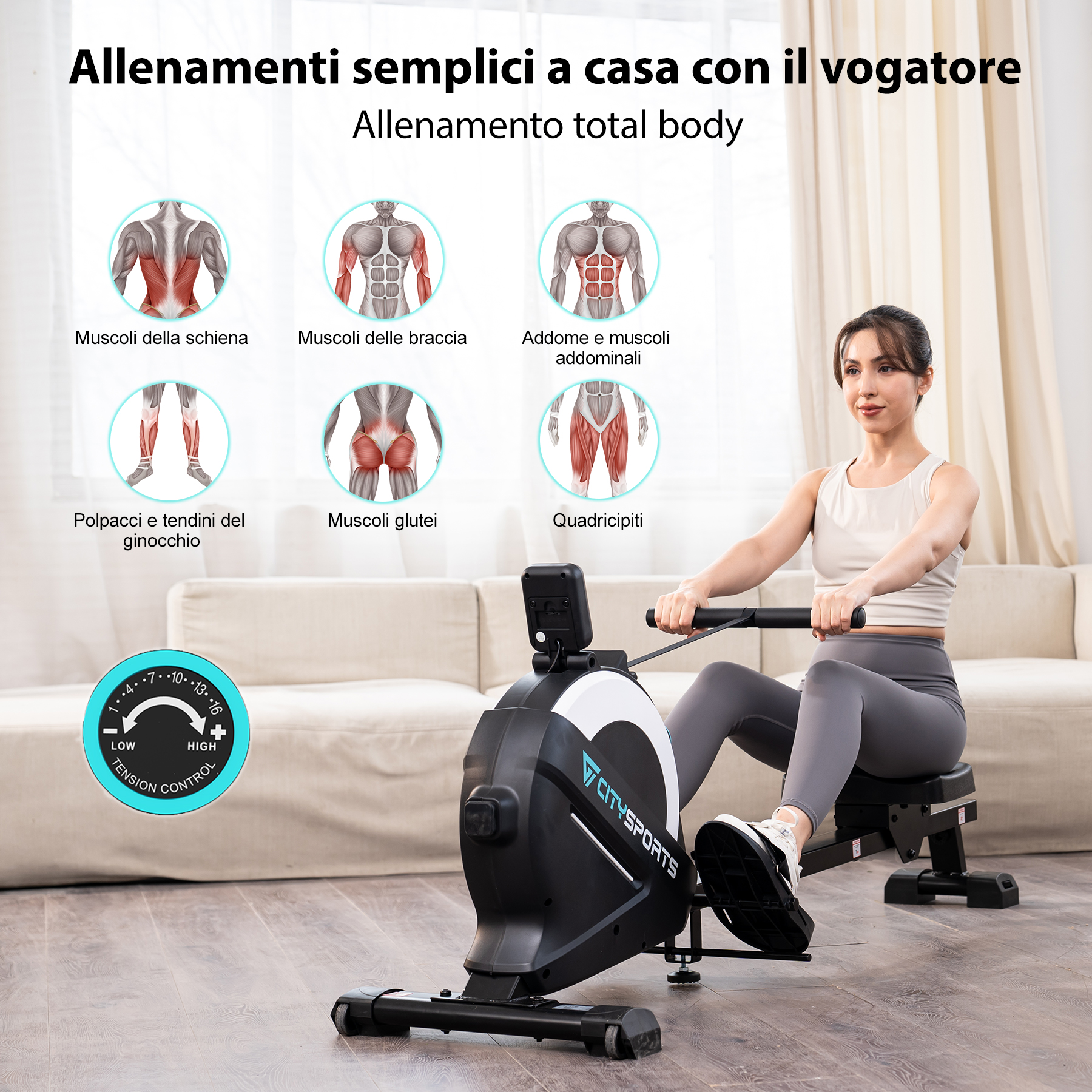 Donna che usa un vogatore a casa con diagrammi muscolari.