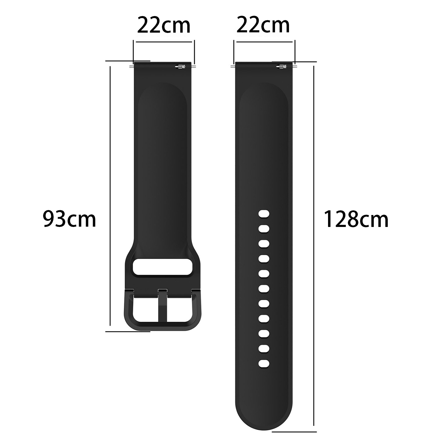 Schwarze Smartwatch-Armbänder. Eines mit Schnalle und das andere mit Löchern zur Anpassung. Maße notiert.