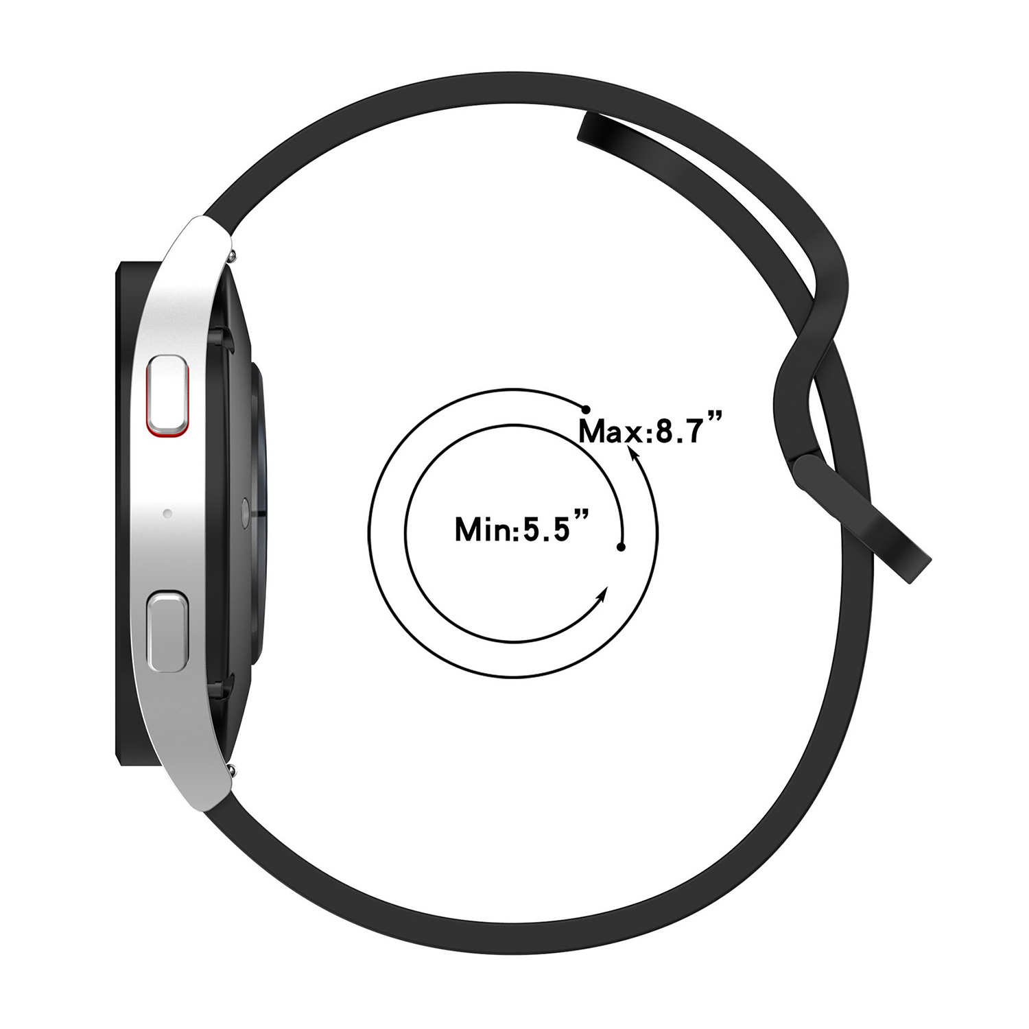 Silberne Smartwatch mit schwarzem Armband. Das Bild zeigt die Umfangsmessung.