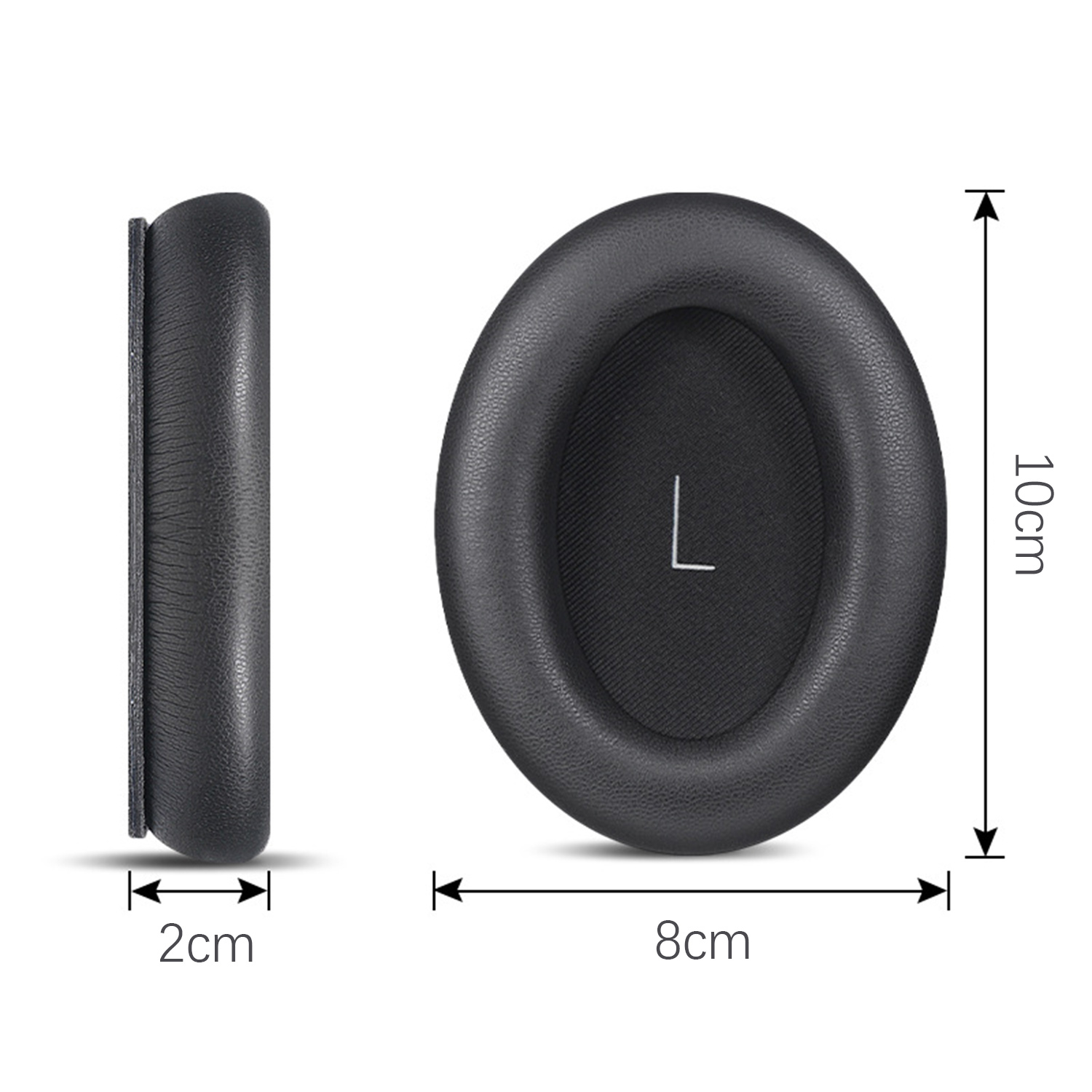 Dwie czarne nausznice z wymiarami: 10 cm wysokości, 8 cm szerokości i 2 cm grubości.