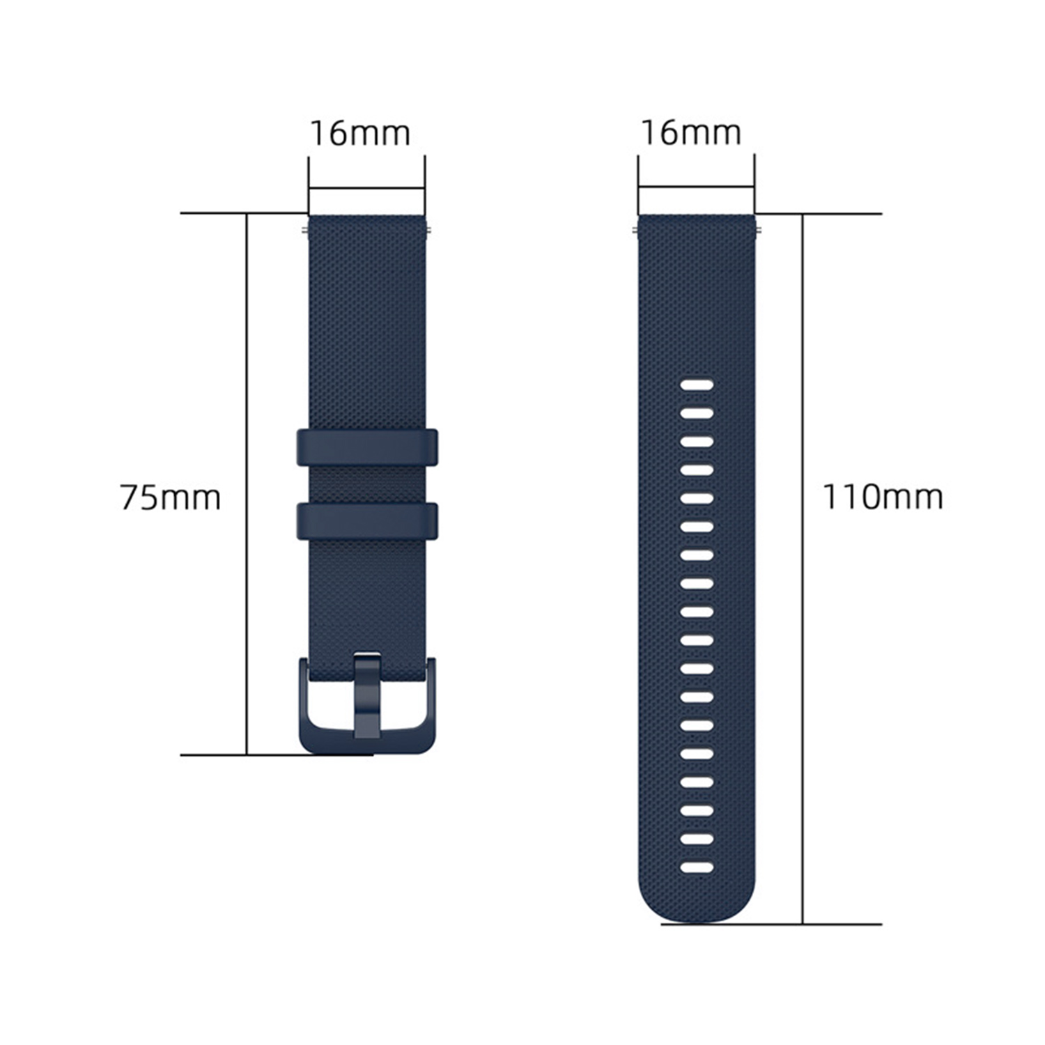 Zwei marineblaue Uhrenarmbänder mit Größenangaben in Millimetern.