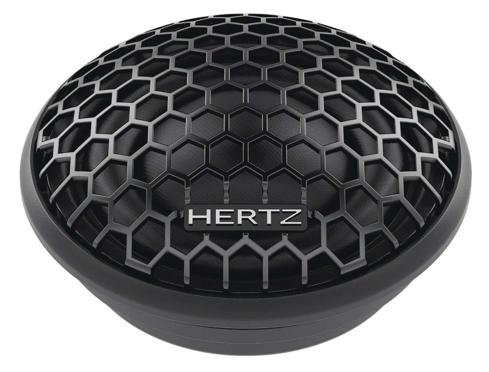 Schwarzer Lautsprecher mit Wabenmuster oben und einem silbernen 'HERTZ'-Logo.