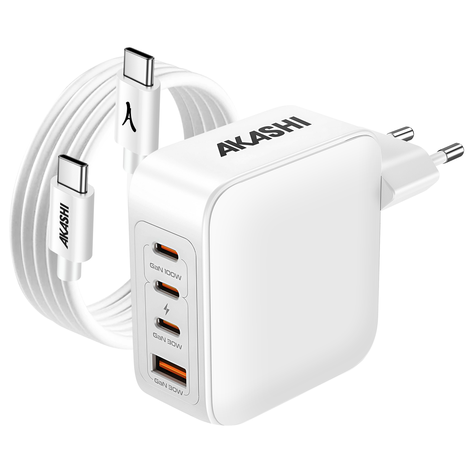 Caricabatterie bianco con due porte USB-C e un cavo di ricarica. Il caricabatterie ha il marchio AKASHI.