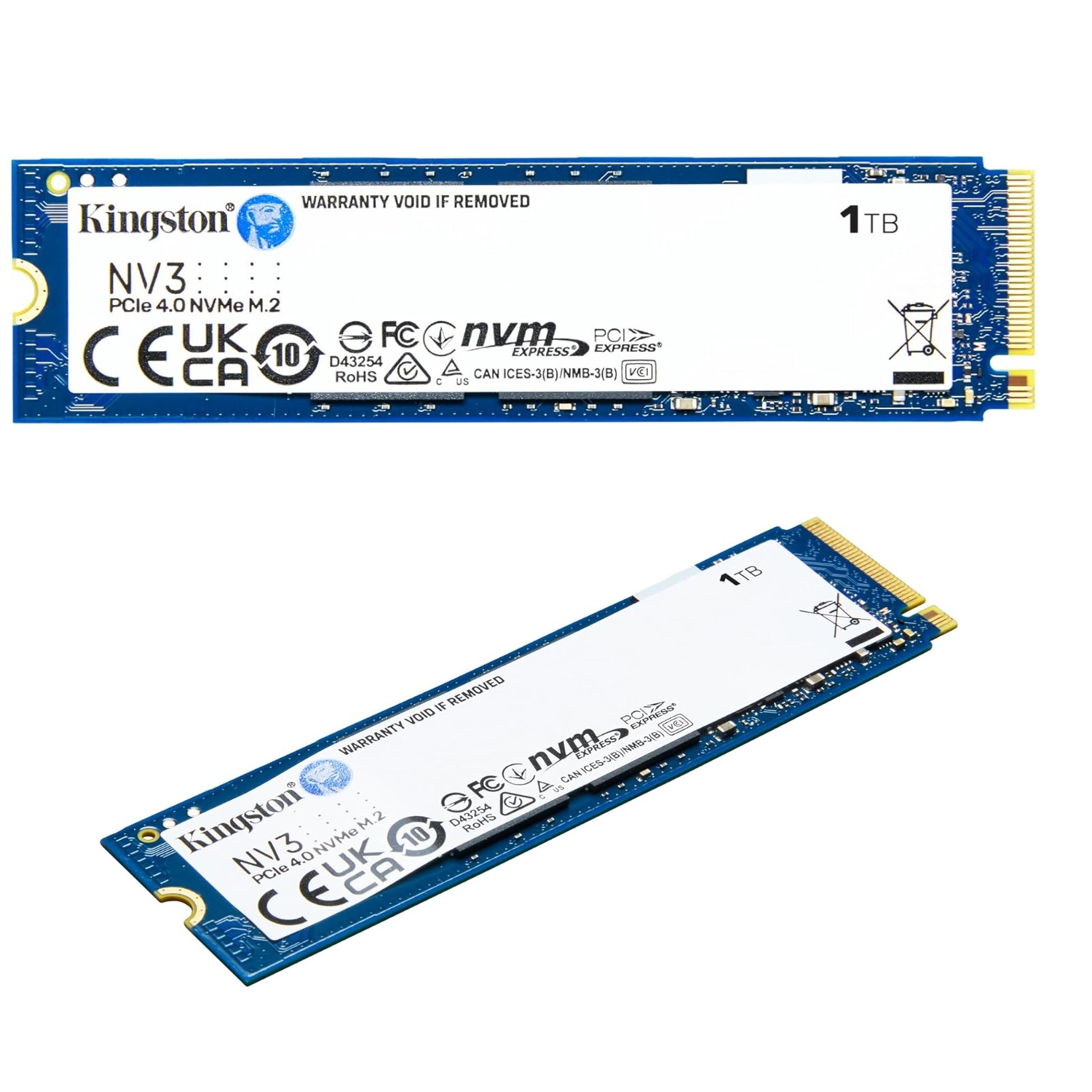 Dos componentes de computadora. Arriba: Kingston NV3 SSD. Abajo: Kingston NV3 SSD. Azul y blanco.