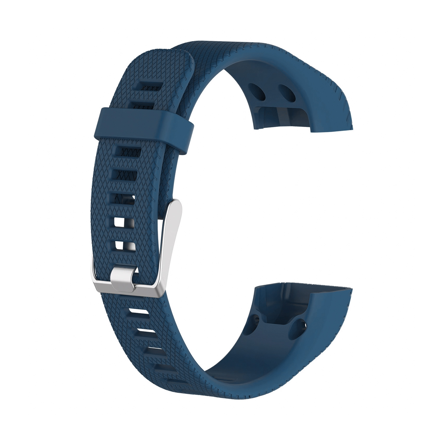 Dunkelblaues Uhrenarmband mit silberner Schnalle. Es ist abgenommen und hat ein strukturiertes Muster.
