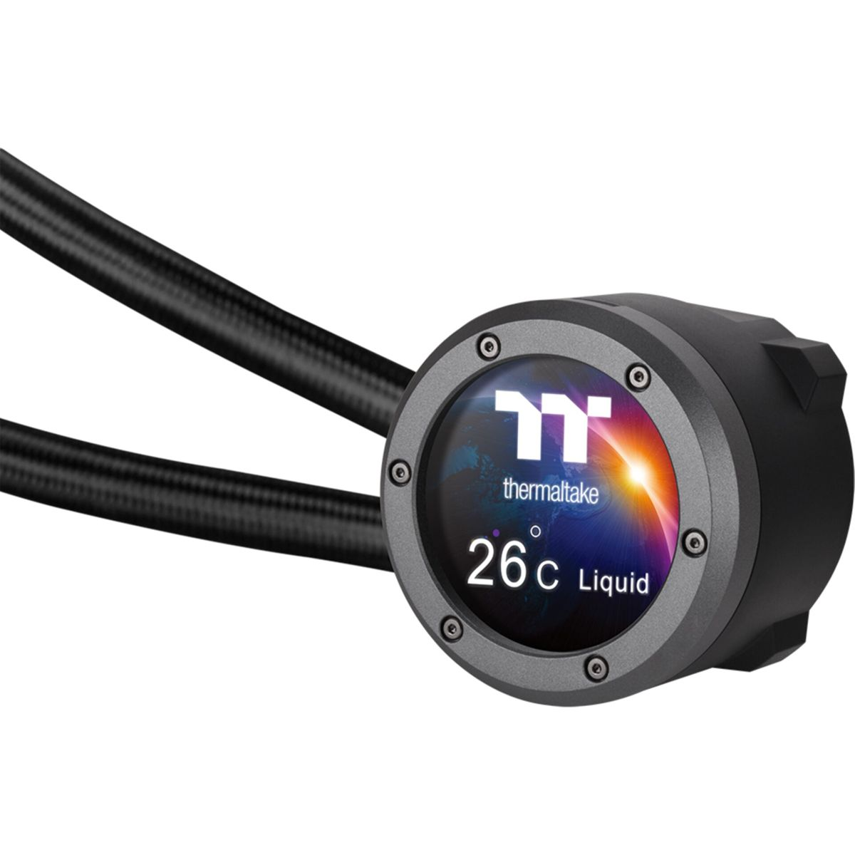 System chłodzenia cieczą do komputera z ekranem pokazującym 26C. Czarny i szary. Białe tło.