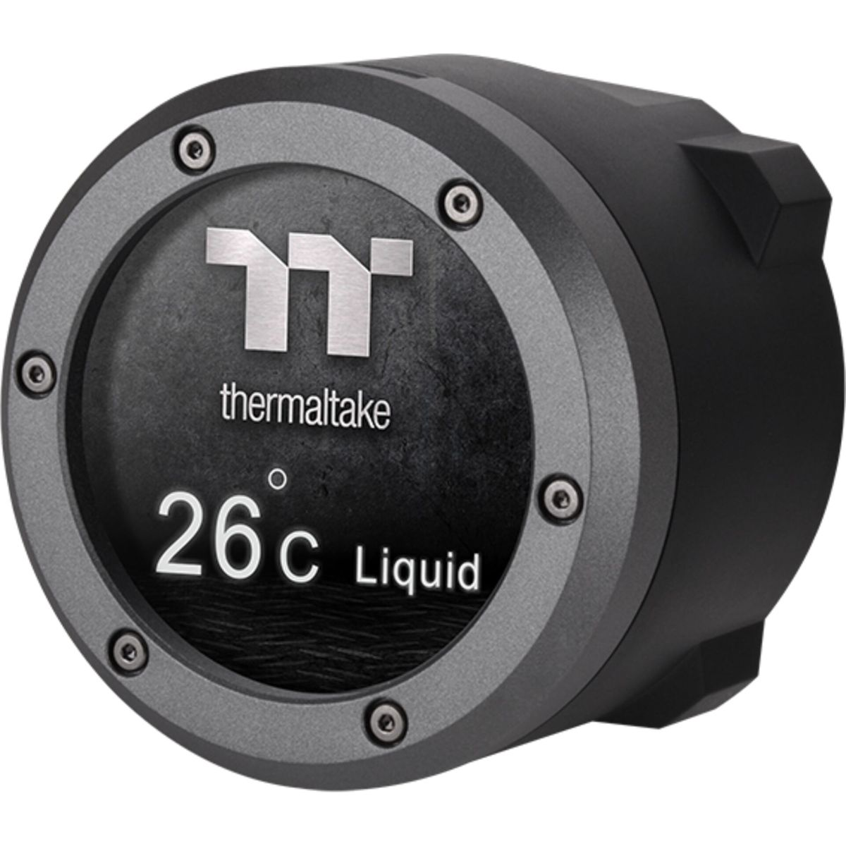 Czarny element systemu chłodzenia cieczą z cyfrowym wyświetlaczem pokazującym 26°C i logo Thermaltake.