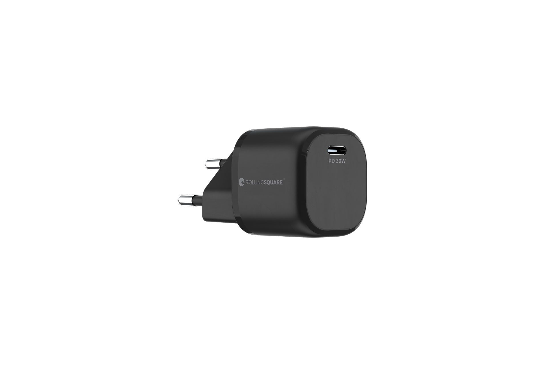 Zwarte Rolling Square PD 30W oplader met twee pinnen voor Europese stopcontacten.