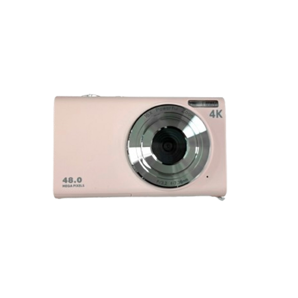 Różowy aparat cyfrowy ze srebrnym obiektywem, białym tłem i tekstem 4K i 48.0 MEGA PIXELS.