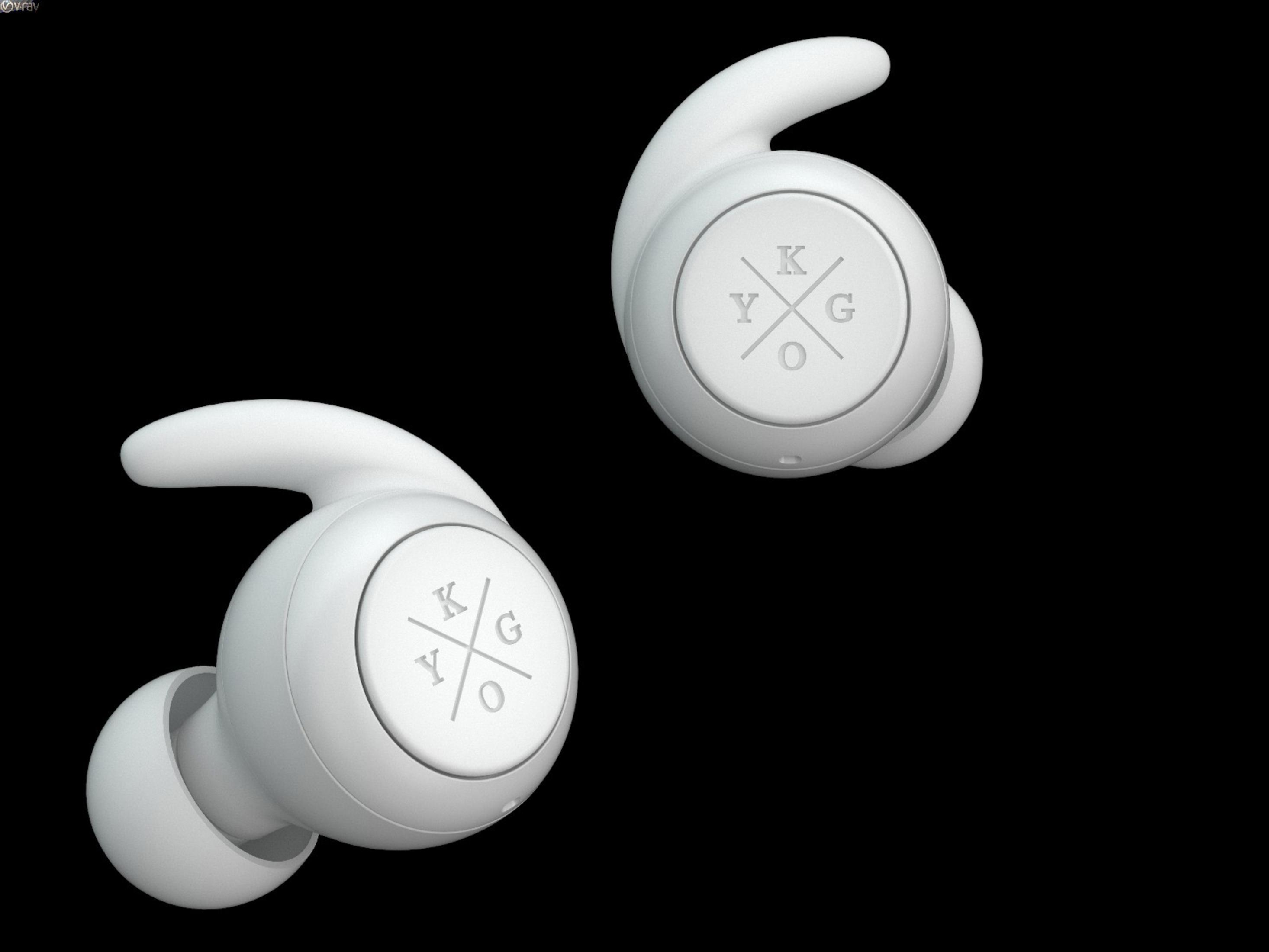 Auricolari bianchi con le lettere KYGO incise. Sfondo nero.