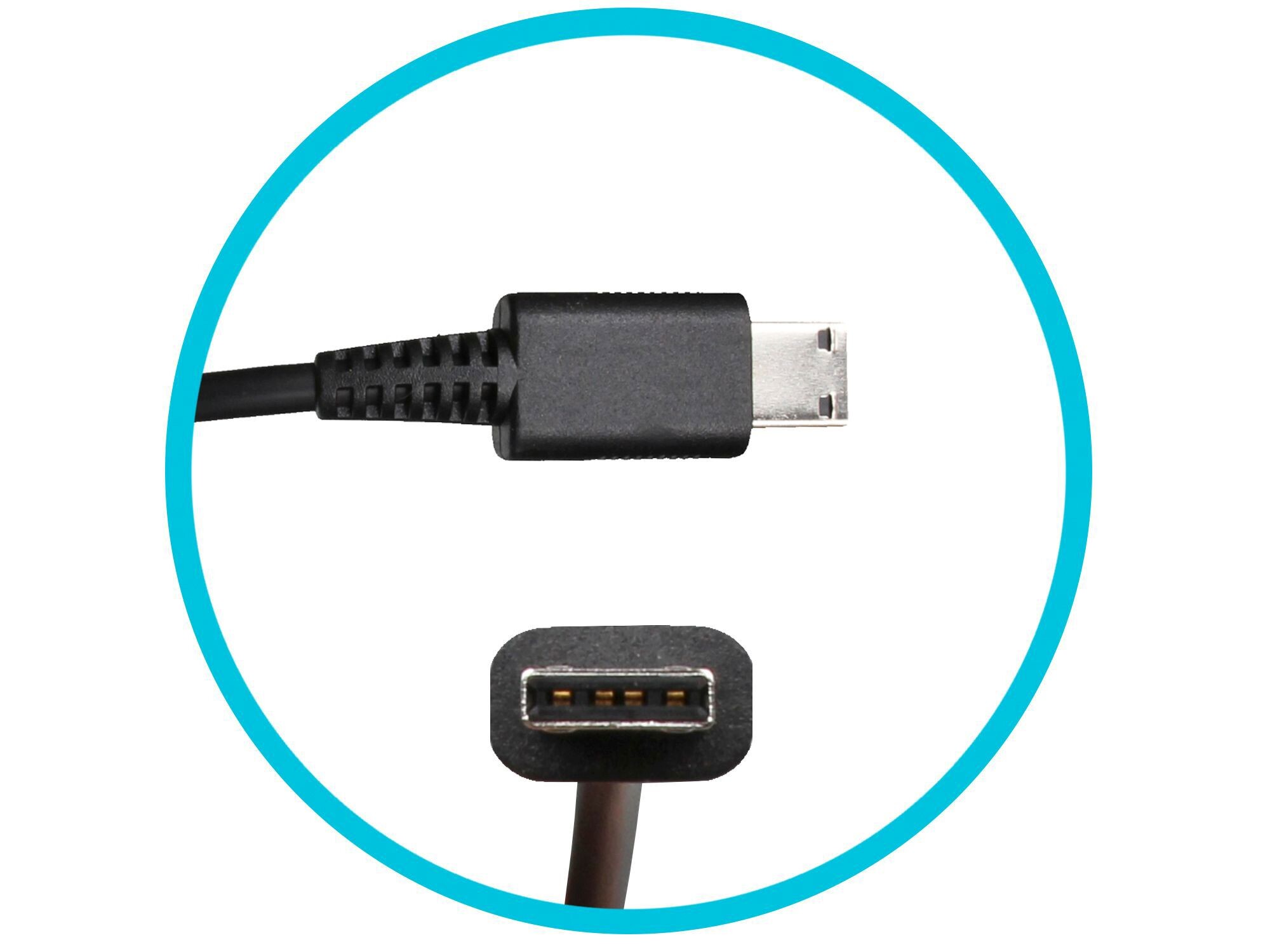 Ein schwarzes USB-Kabel mit einem Micro-USB-Stecker, innerhalb eines blauen Kreises.