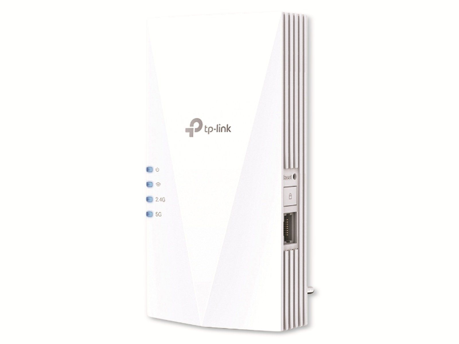 Weißer TP-Link WLAN-Extender. Er hat Kontrollleuchten für Strom, 2,4G und 5G. Auf weißem Hintergrund.