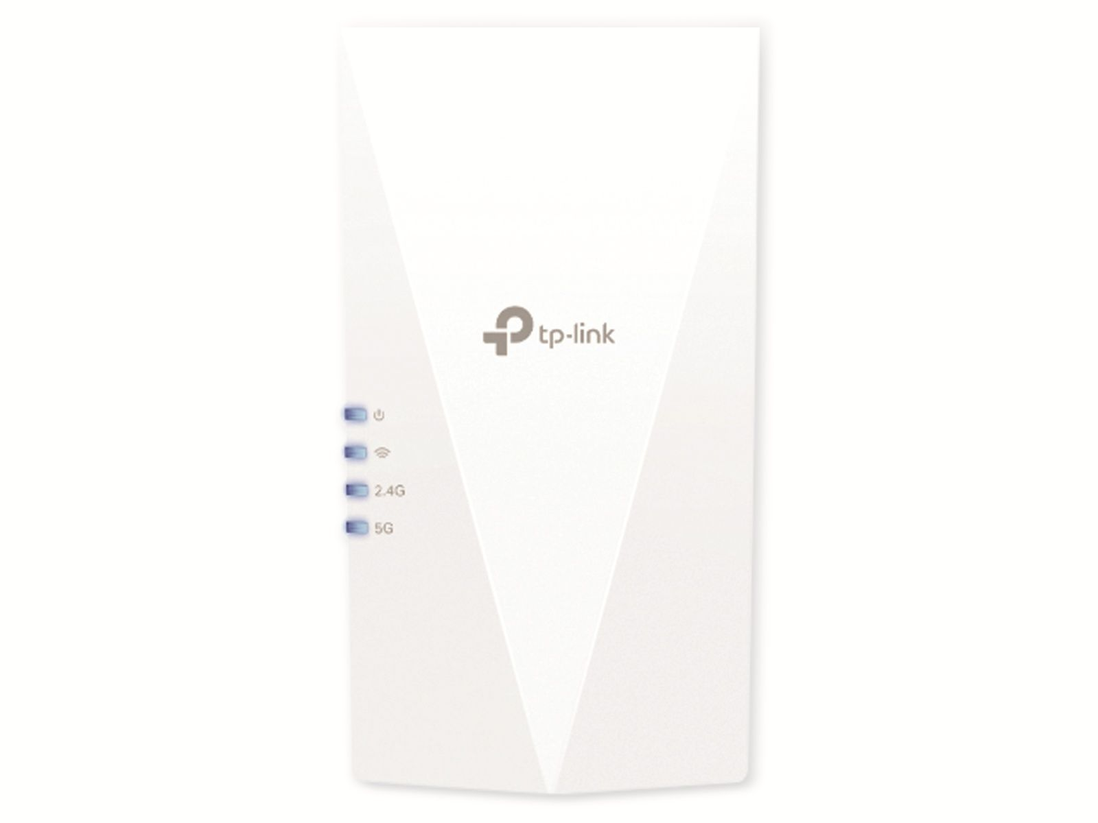 Weißer TP-Link WLAN-Extender auf weißem Hintergrund. Er hat Kontrollleuchten für 2,4G und 5G.