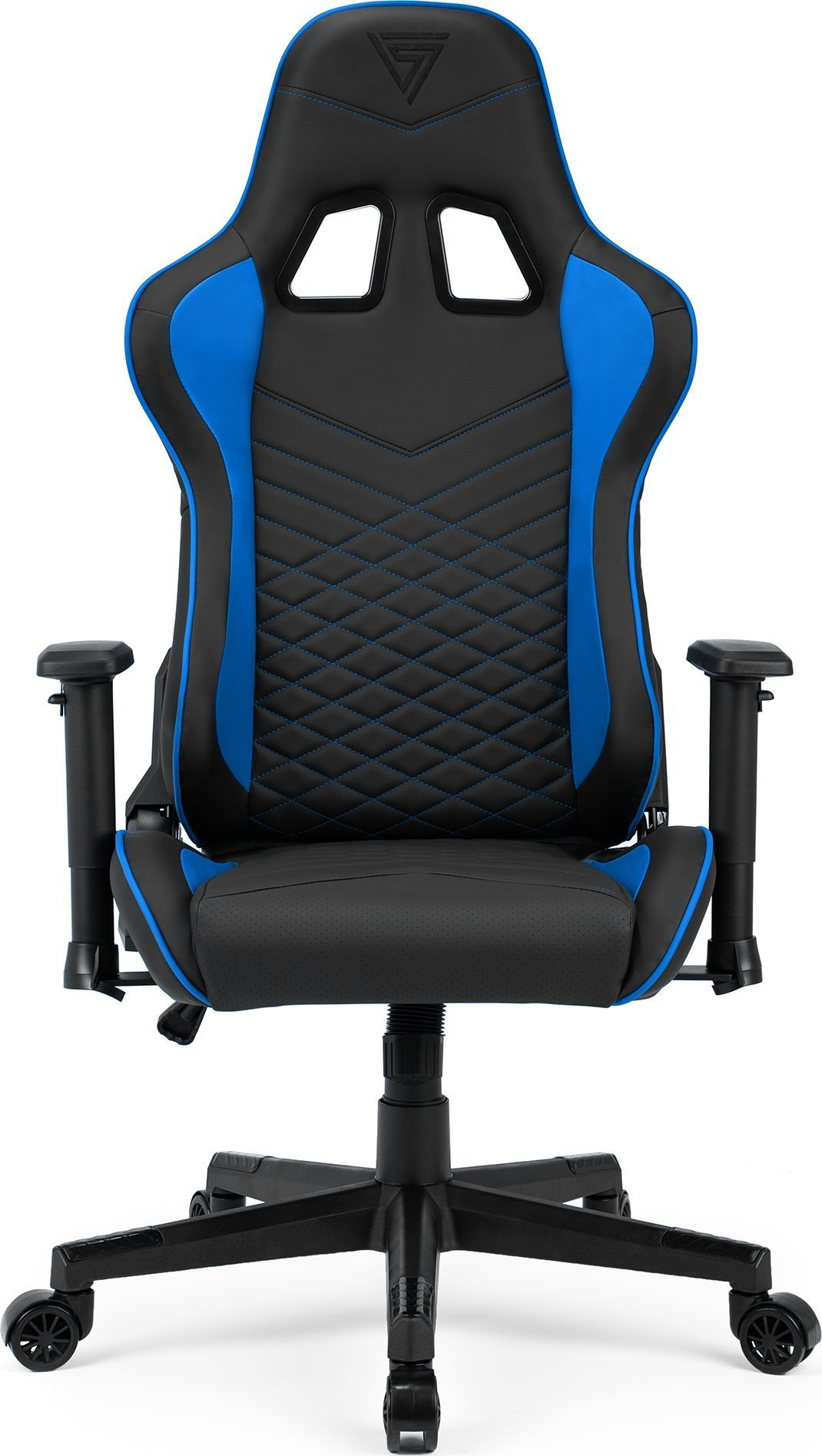 Una sedia da gaming nera e blu con schienale alto e braccioli, su sfondo bianco.