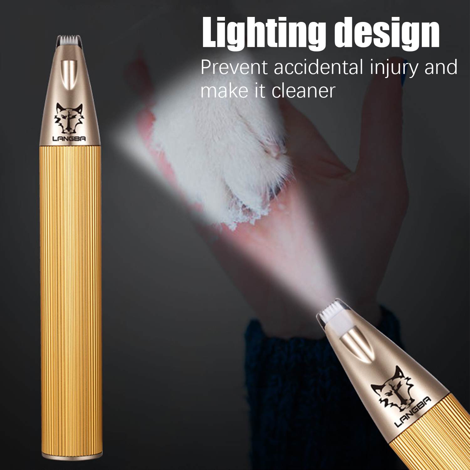 Złoty trymer z logo wilka. Obrazek przedstawia trymer, światło i dłoń w tle.