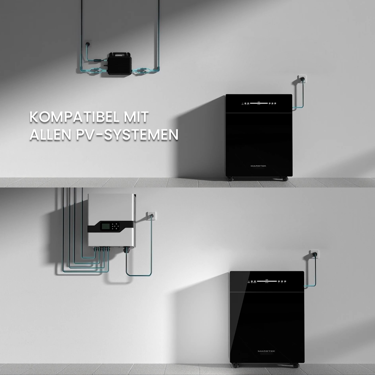 Zwei Bilder, die ein Solaranlagen-System mit dem Text 'Kompatibel mit allen PV-Systemen' zeigen.