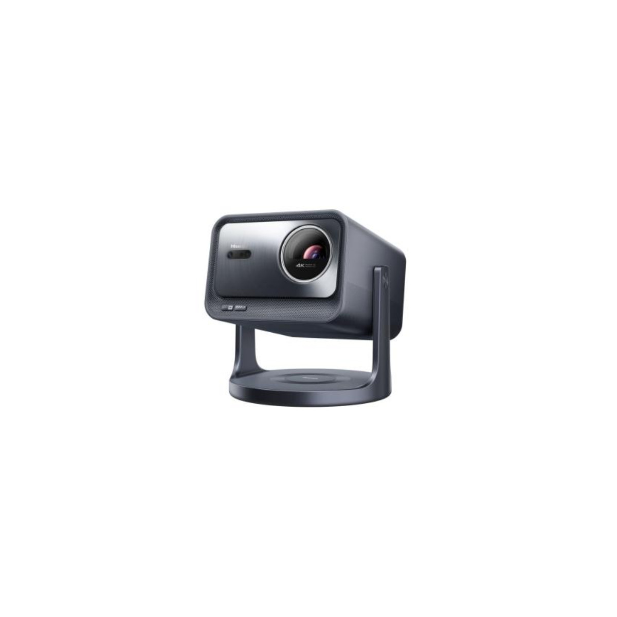 Projecteur noir avec une lentille, sur un support. Texte 4K UHD visible.