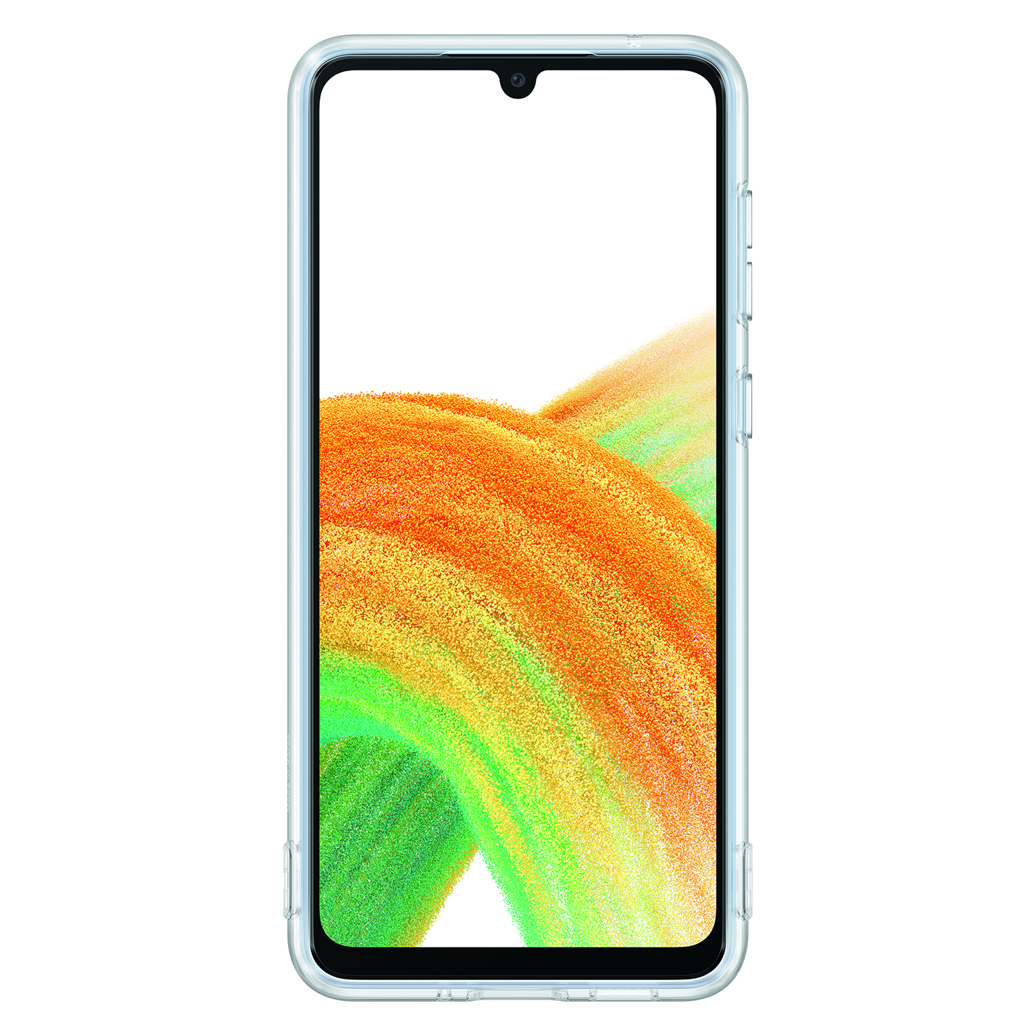 Smartphone in einer transparenten Hülle. Der Bildschirm zeigt ein farbenfrohes abstraktes Design in Orange, Gelb und Grün.