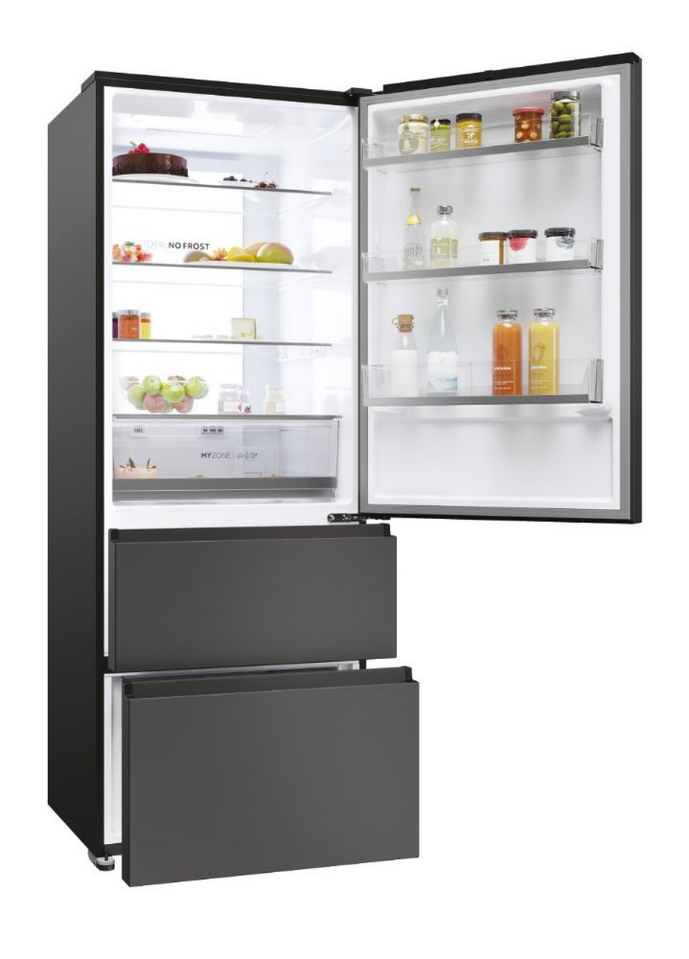 Offener schwarzer Kühlschrank mit Essen. Hat zwei untere Schubladen.
