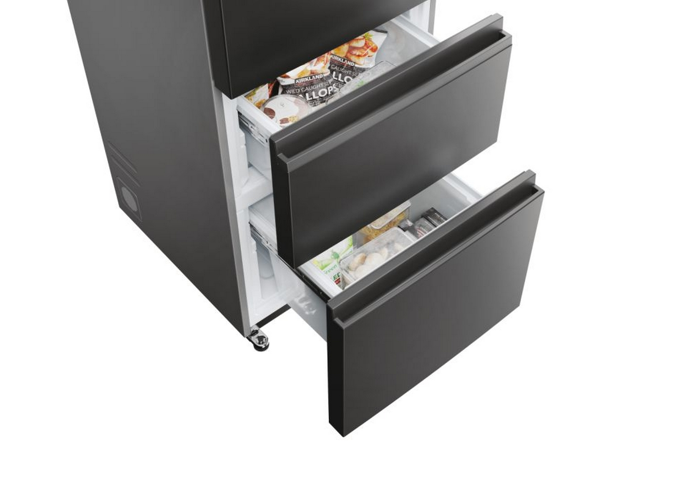 Ein schwarzer Kühlschrank mit offenen Schubladen, die Lebensmittel zeigen. Weiße Innenausstattung, schwarzes Äußeres.