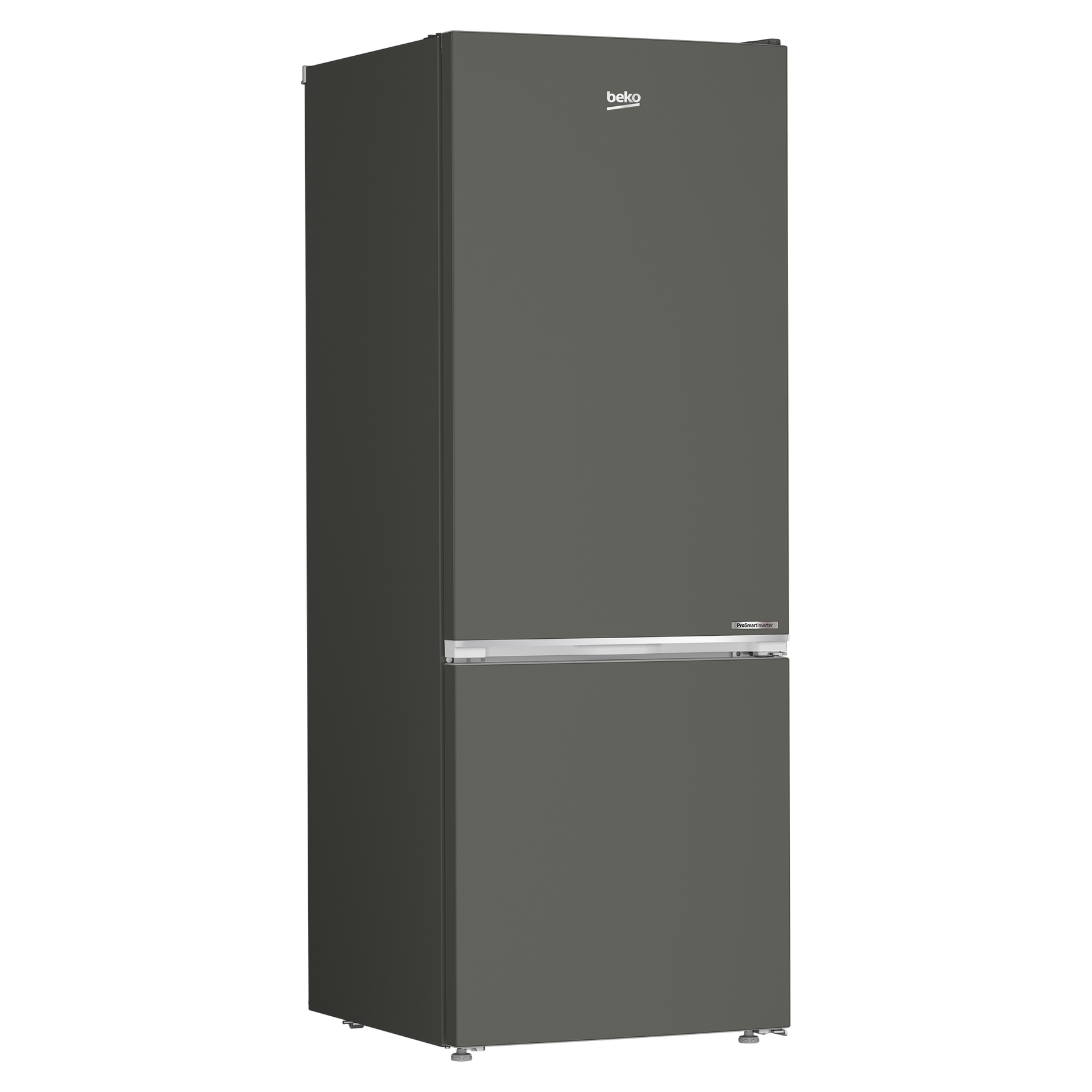 Ciemnoszara lodówka Beko. Dwa drzwi. Srebrny uchwyt. Nowoczesny design.