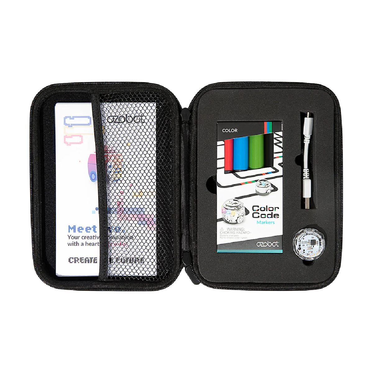 Opened black case with a robot, markers, and a charging cable inside.