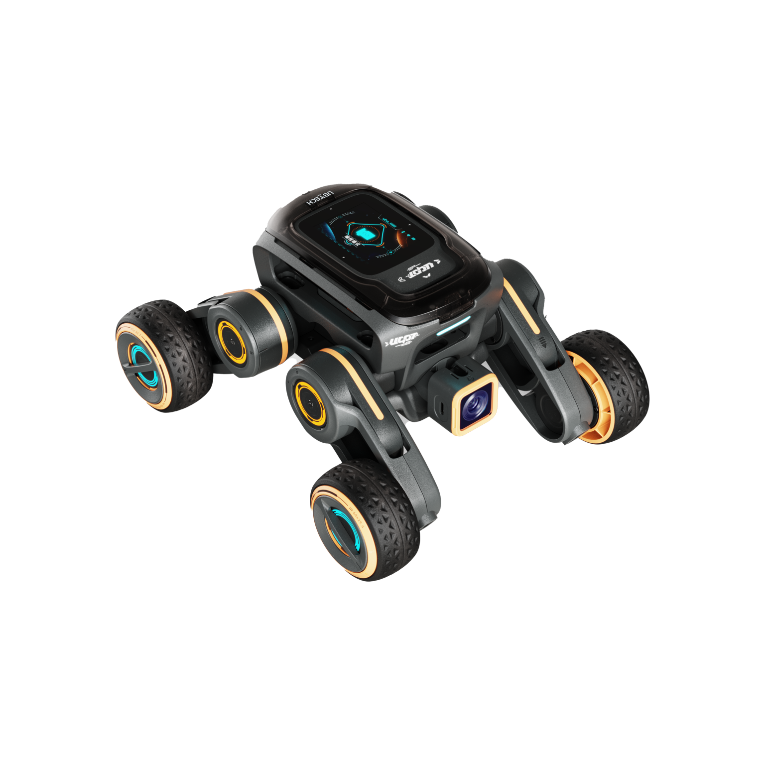 A black robot toy with a screen and wheels. It has yellow and orange accents and is on black.